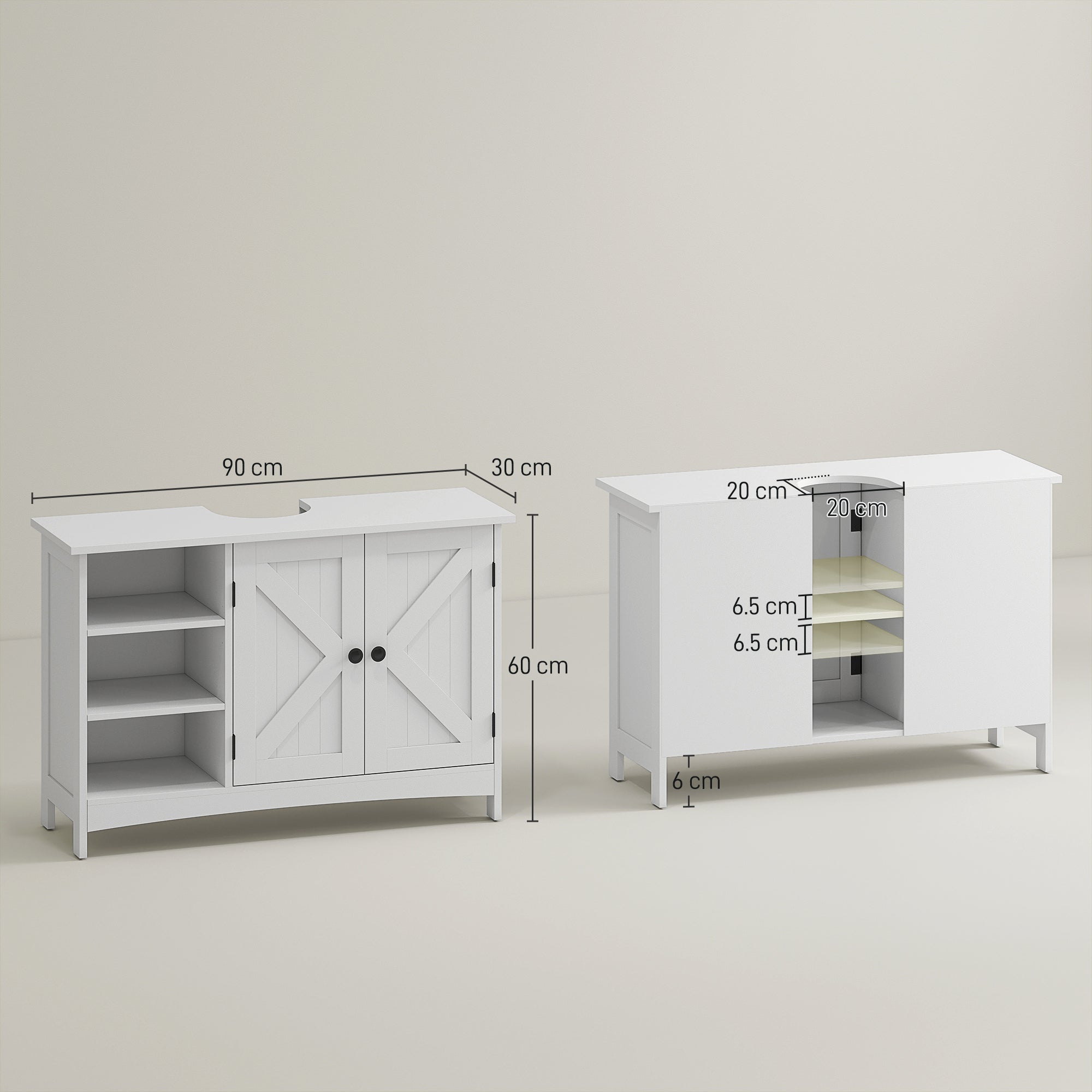 Wooden Under Sink Bathroom Cabinet Floor Standing Sink Cabinet with 2 Doors and Adjustable Shelves Anti-tip Modern Style Load 31 kg 90x30x60 cm White