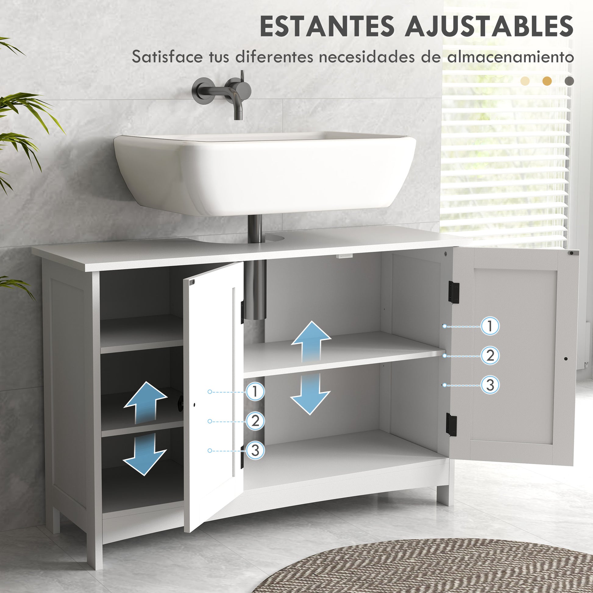 Wooden Under Sink Bathroom Cabinet Floor Standing Sink Cabinet with 2 Doors and Adjustable Shelves Anti-tip Modern Style Load 31 kg 90x30x60 cm White