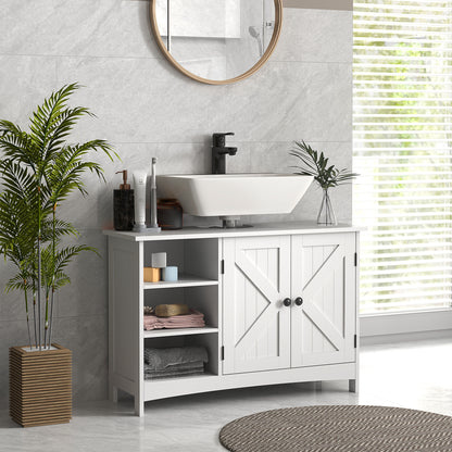 Wooden Under Sink Bathroom Cabinet Floor Standing Sink Cabinet with 2 Doors and Adjustable Shelves Anti-tip Modern Style Load 31 kg 90x30x60 cm White