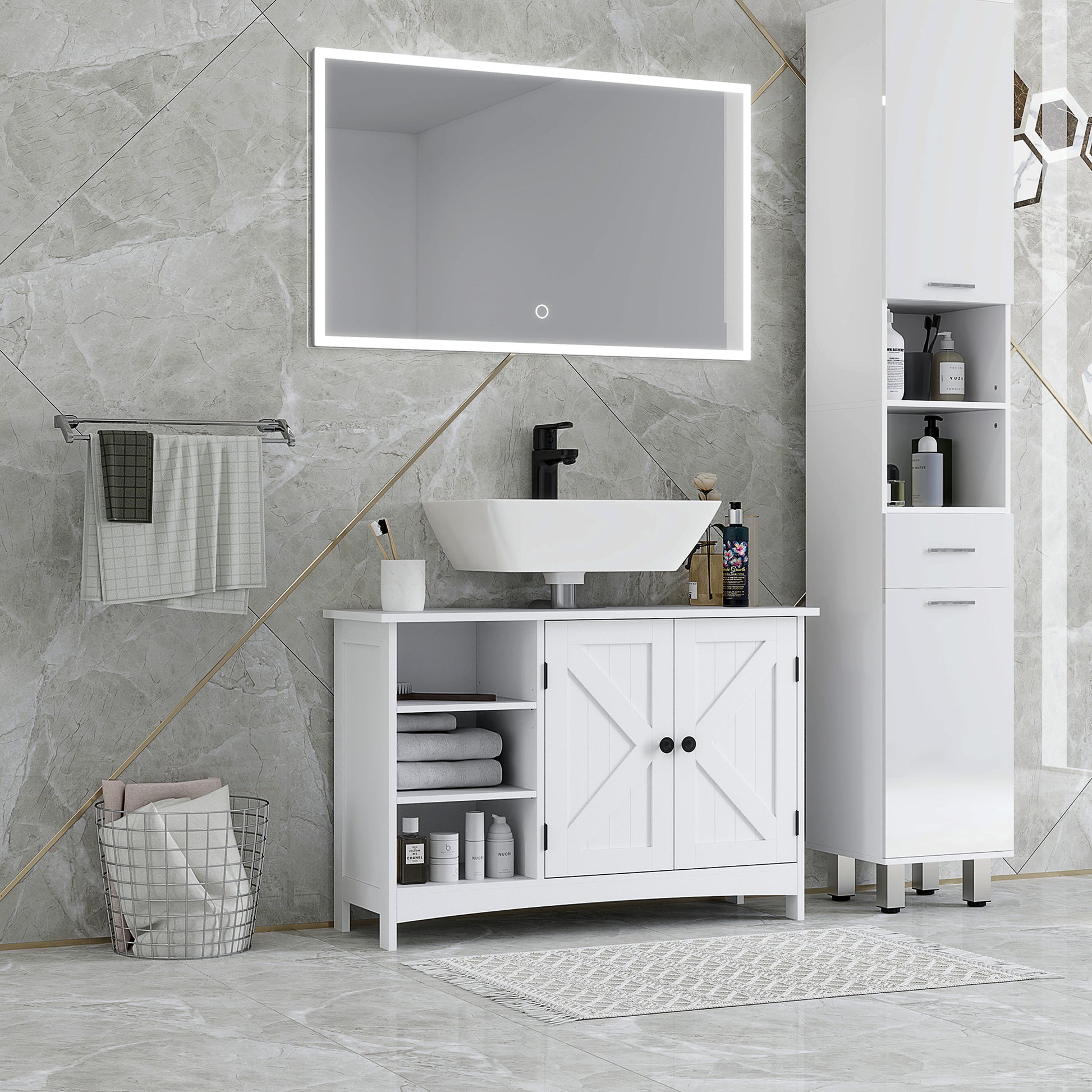 Wooden Under Sink Bathroom Cabinet Floor Standing Sink Cabinet with 2 Doors and Adjustable Shelves Anti-tip Modern Style Load 31 kg 90x30x60 cm White
