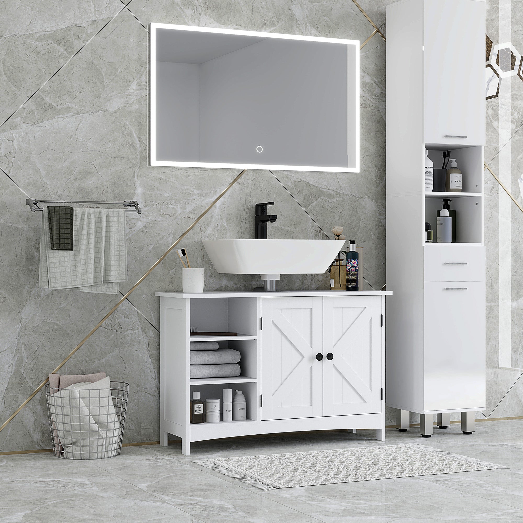 Wooden Under Sink Bathroom Cabinet Floor Standing Sink Cabinet with 2 Doors and Adjustable Shelves Anti-tip Modern Style Load 31 kg 90x30x60 cm White