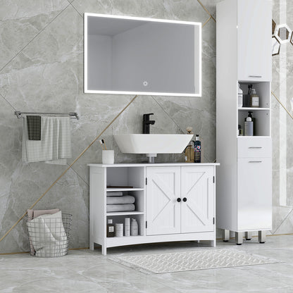 Wooden Under Sink Bathroom Cabinet Floor Standing Sink Cabinet with 2 Doors and Adjustable Shelves Anti-tip Modern Style Load 31 kg 90x30x60 cm White