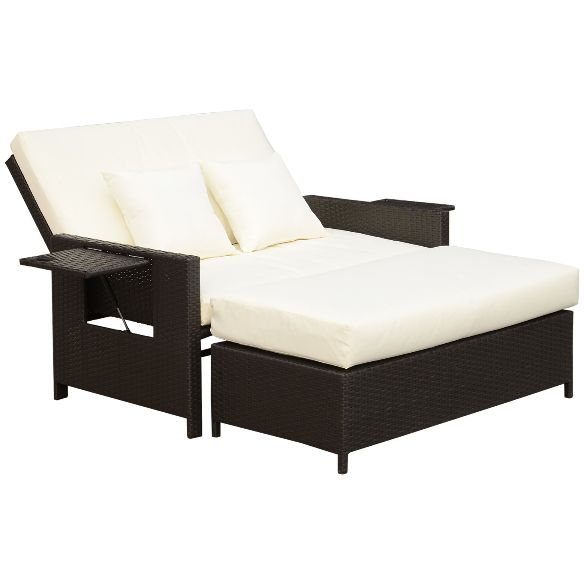 Poly Rattan Lounge Sofa Two-Seater Garden Sofa with Reclining Function, Garden Lounger in Rattan Look, Extendable Footrest with Storage, with Seat Cushions, Brown+Cream, 130 x 72 x 96 cm