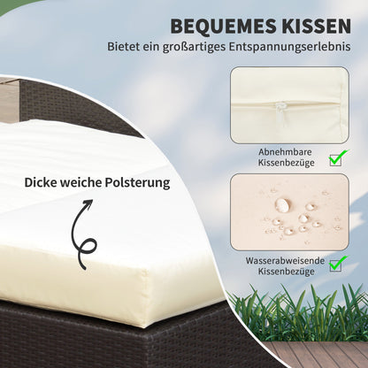 Poly Rattan Lounge Sofa Two-Seater Garden Sofa with Reclining Function, Garden Lounger in Rattan Look, Extendable Footrest with Storage, with Seat Cushions, Brown+Cream, 130 x 72 x 96 cm