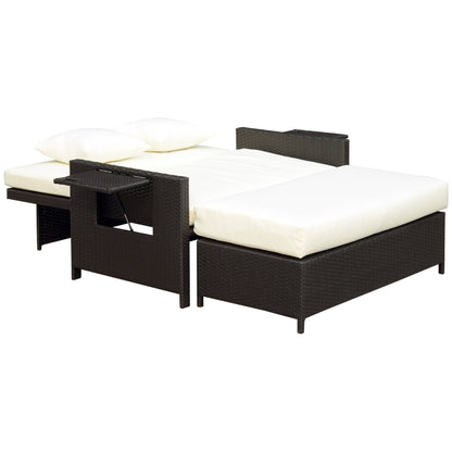 Poly Rattan Lounge Sofa Two-Seater Garden Sofa with Reclining Function, Garden Lounger in Rattan Look, Extendable Footrest with Storage, with Seat Cushions, Brown+Cream, 130 x 72 x 96 cm