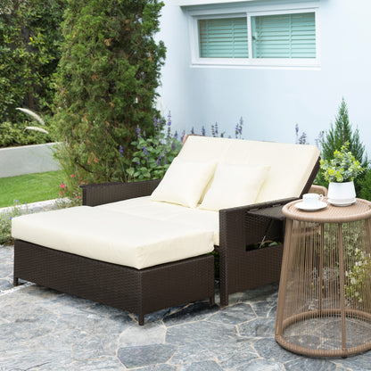 Poly Rattan Lounge Sofa Two-Seater Garden Sofa with Reclining Function, Garden Lounger in Rattan Look, Extendable Footrest with Storage, with Seat Cushions, Brown+Cream, 130 x 72 x 96 cm