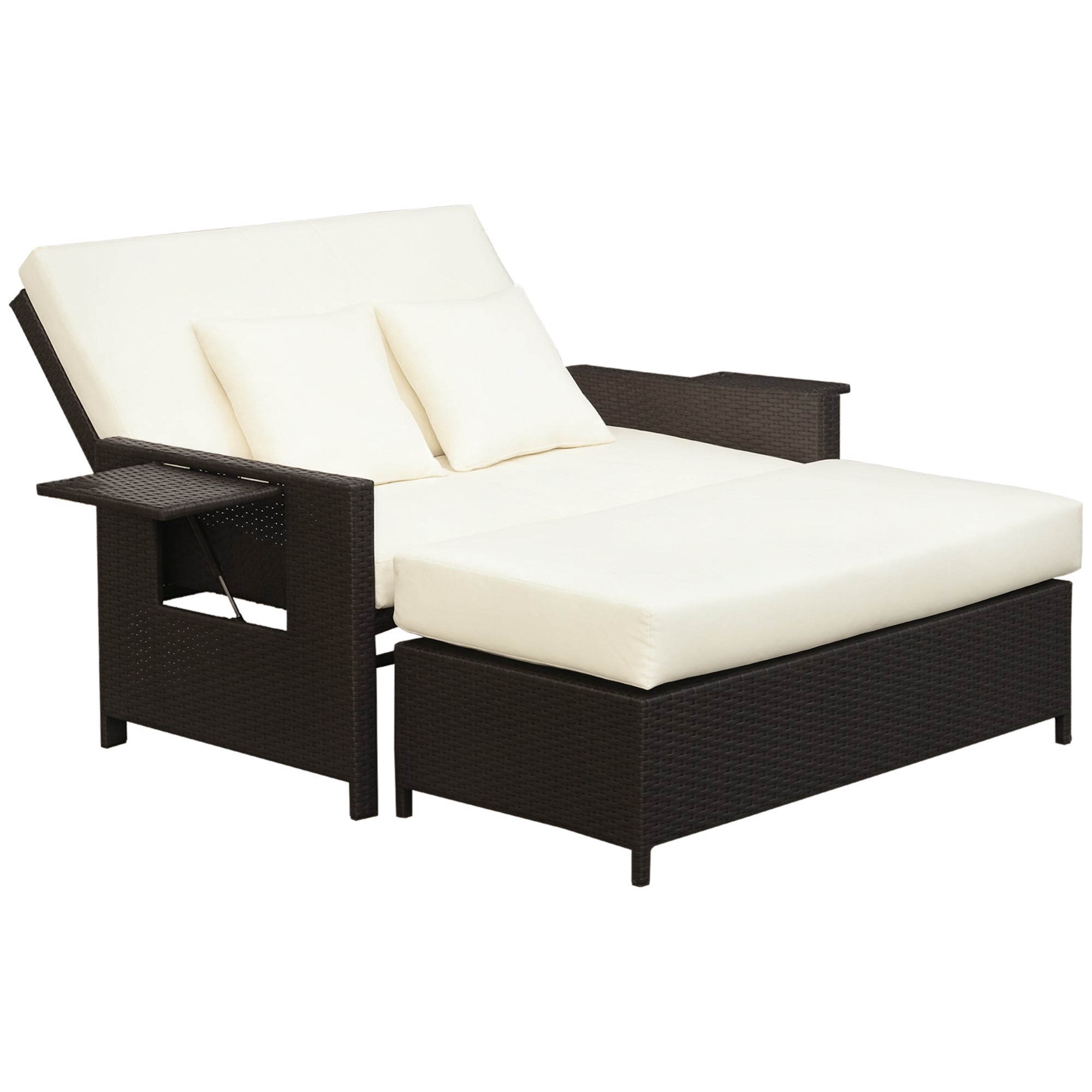 Poly Rattan Lounge Sofa Two-Seater Garden Sofa with Reclining Function, Garden Lounger in Rattan Look, Extendable Footrest with Storage, with Seat Cushions, Brown+Cream, 130 x 72 x 96 cm