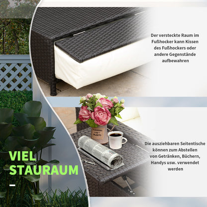 Poly Rattan Lounge Sofa Two-Seater Garden Sofa with Reclining Function, Garden Lounger in Rattan Look, Extendable Footrest with Storage, with Seat Cushions, Brown+Cream, 130 x 72 x 96 cm