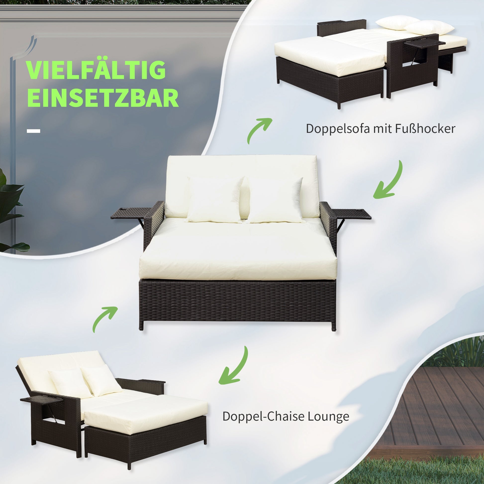 Poly Rattan Lounge Sofa Two-Seater Garden Sofa with Reclining Function, Garden Lounger in Rattan Look, Extendable Footrest with Storage, with Seat Cushions, Brown+Cream, 130 x 72 x 96 cm