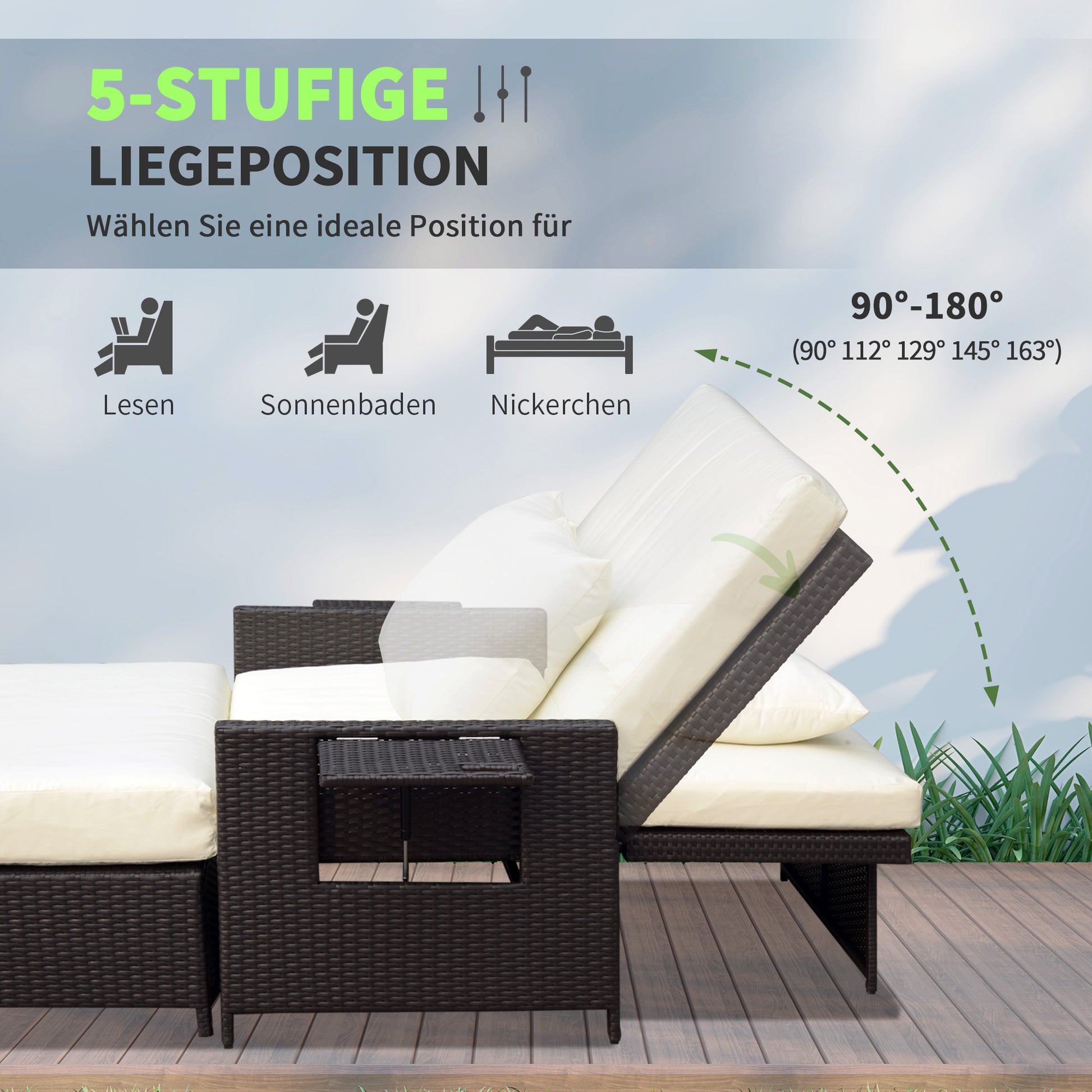 Poly Rattan Lounge Sofa Two-Seater Garden Sofa with Reclining Function, Garden Lounger in Rattan Look, Extendable Footrest with Storage, with Seat Cushions, Brown+Cream, 130 x 72 x 96 cm