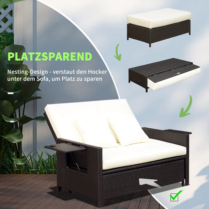 Poly Rattan Lounge Sofa Two-Seater Garden Sofa with Reclining Function, Garden Lounger in Rattan Look, Extendable Footrest with Storage, with Seat Cushions, Brown+Cream, 130 x 72 x 96 cm