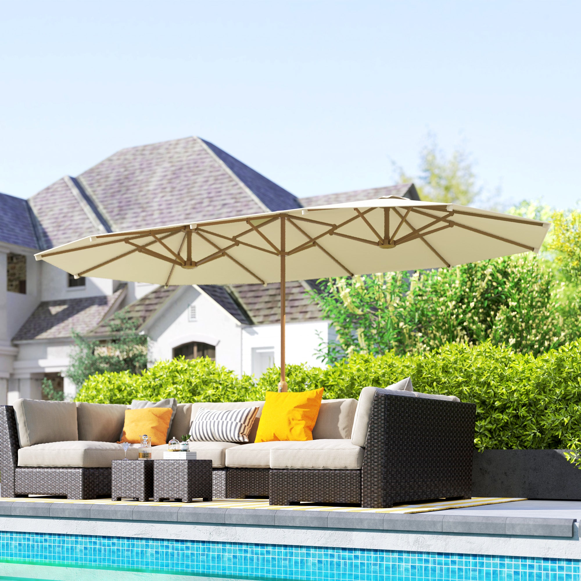 Double Parasol 4.55x2.65m Outdoor Terrace Umbrella with Manual Crank Water-Resistant and Sun Protection Large Umbrella for Terrace Beach Pool Cream