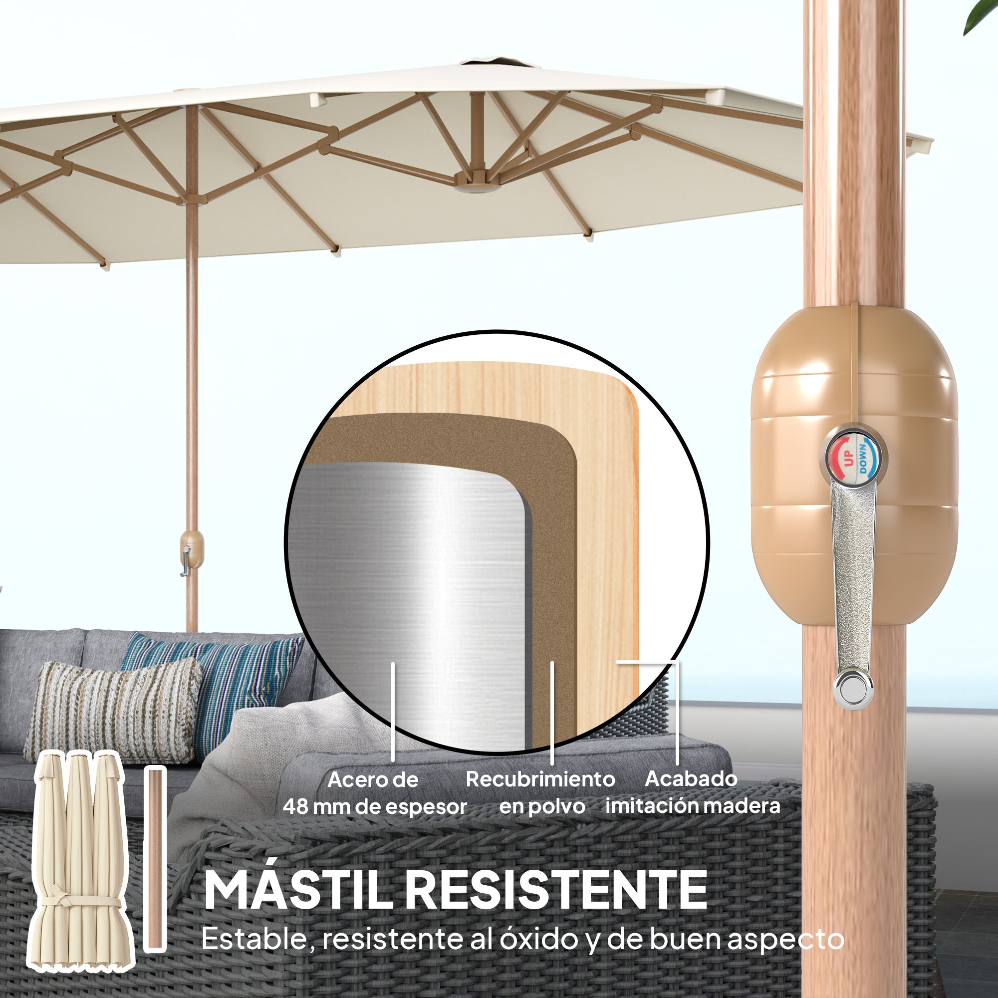 Double Parasol 4.55x2.65m Outdoor Terrace Umbrella with Manual Crank Water-Resistant and Sun Protection Large Umbrella for Terrace Beach Pool Cream