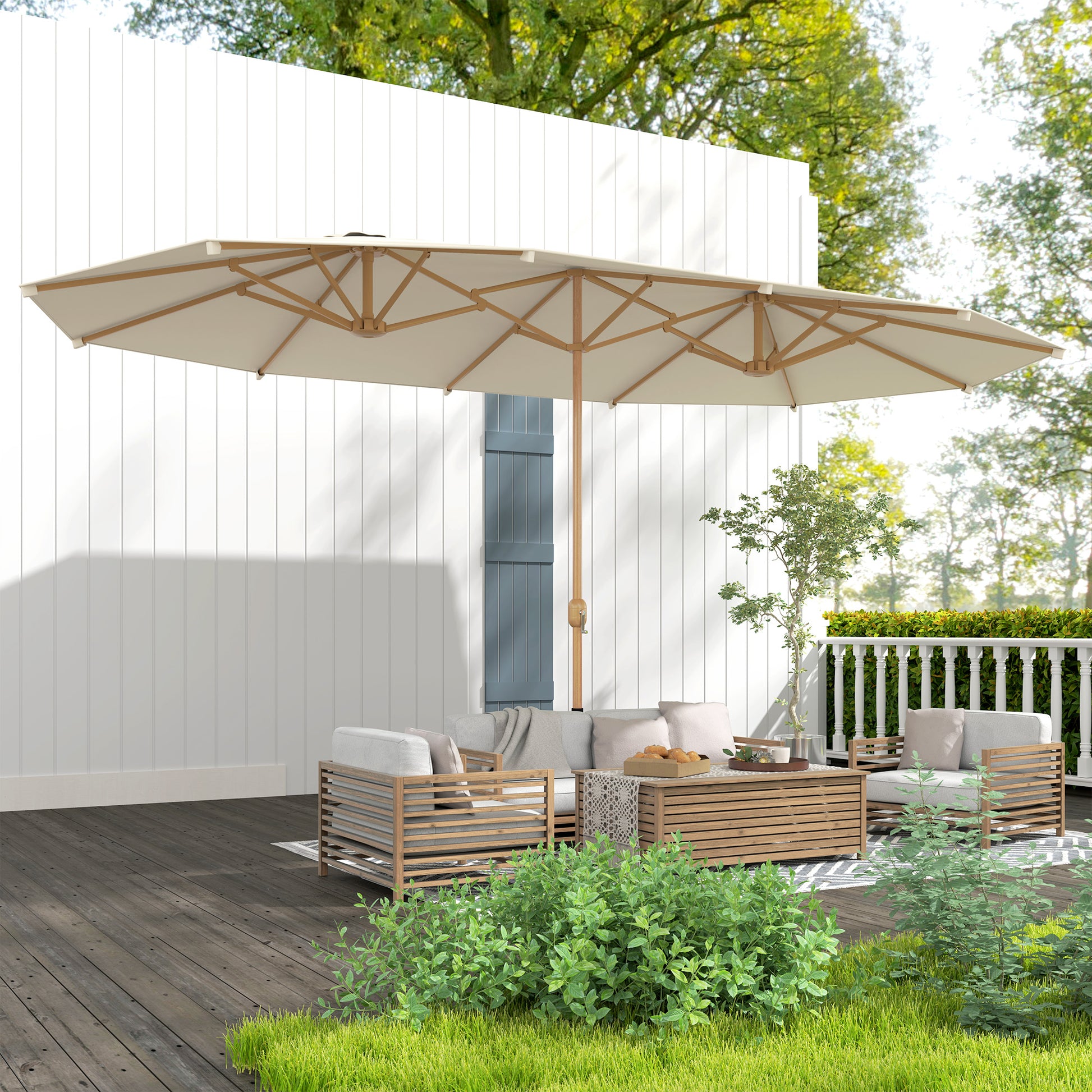 Double Parasol 4.55x2.65m Outdoor Terrace Umbrella with Manual Crank Water-Resistant and Sun Protection Large Umbrella for Terrace Beach Pool Cream