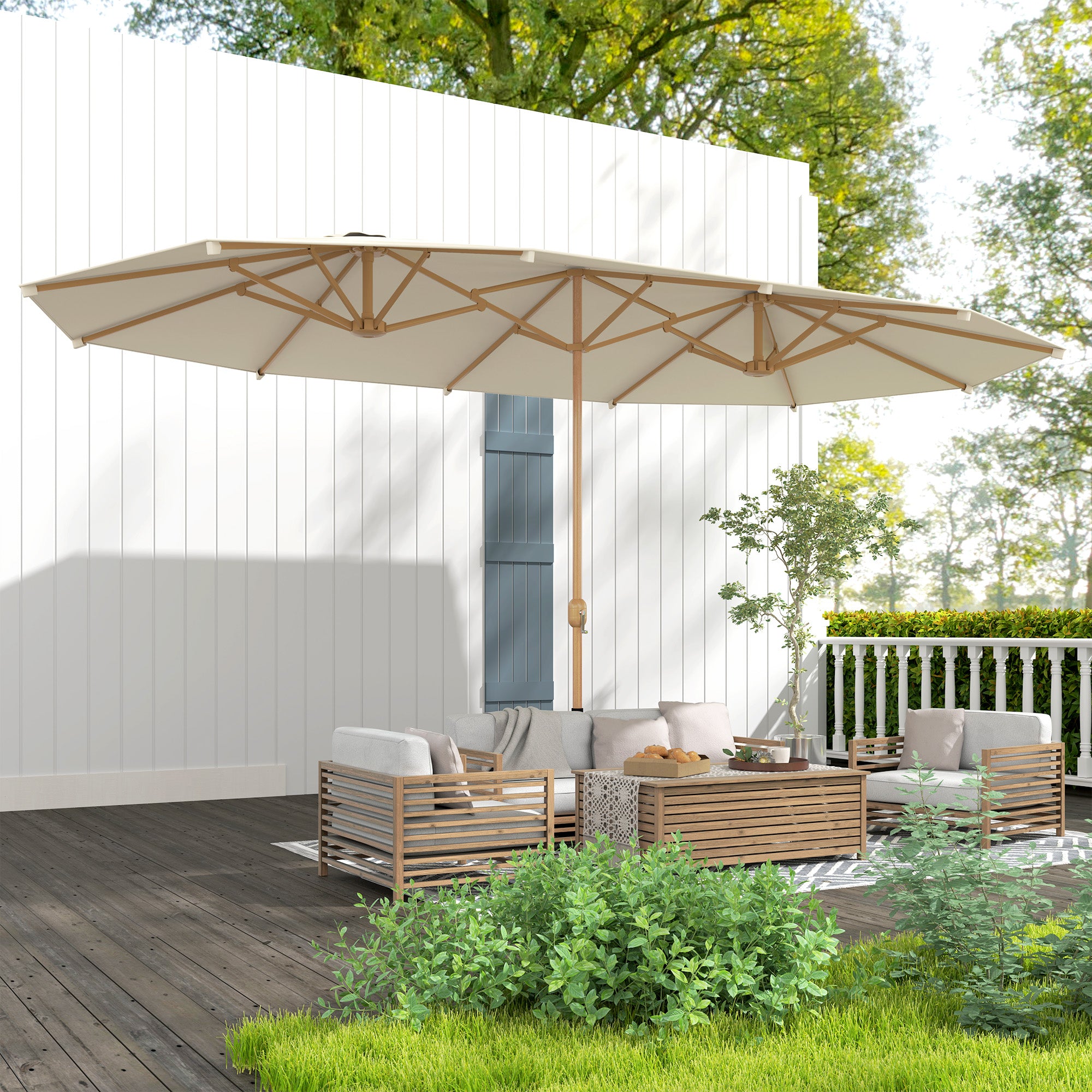 Double Parasol 4.55x2.65m Outdoor Terrace Umbrella with Manual Crank Water-Resistant and Sun Protection Large Umbrella for Terrace Beach Pool Cream