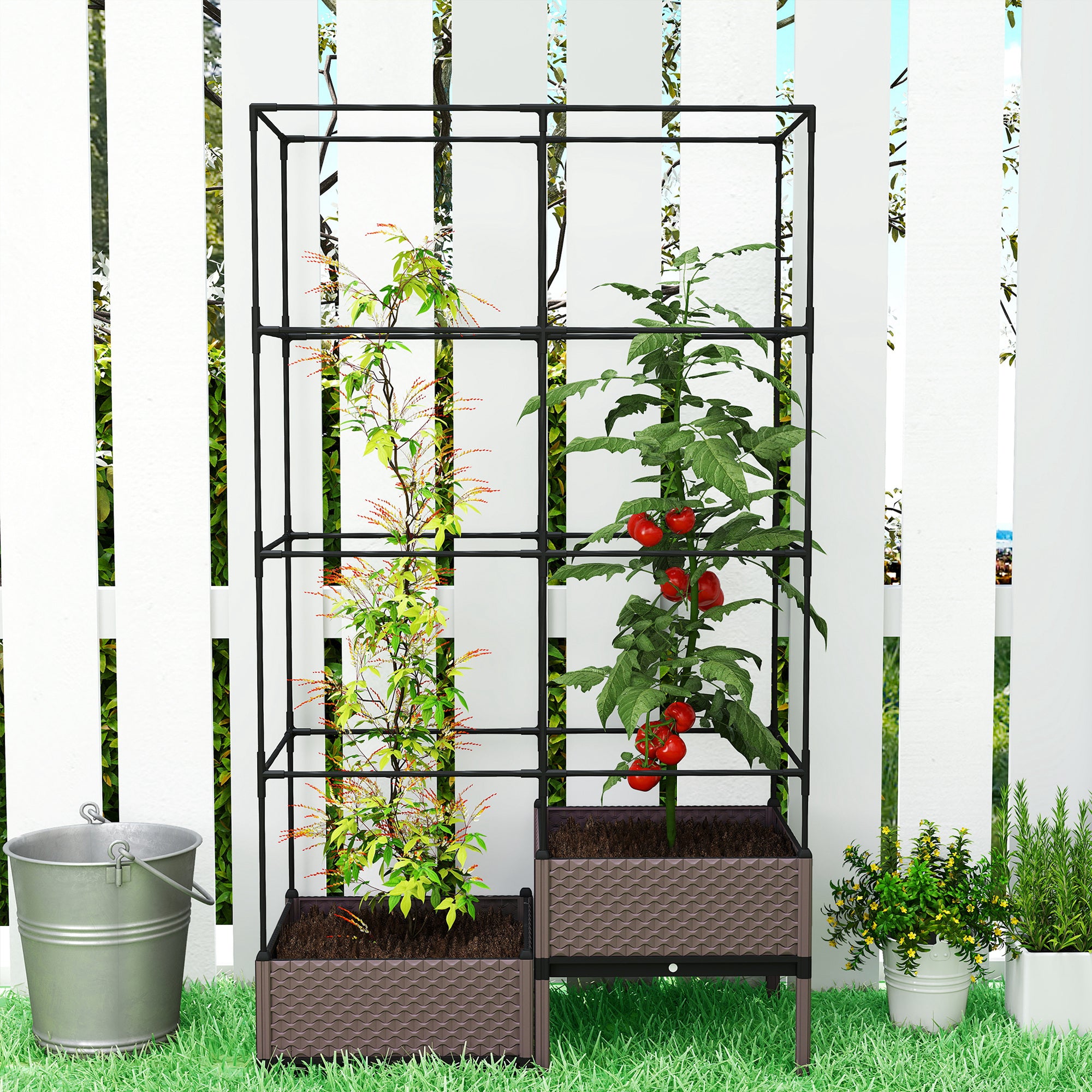 Metal Trellis Planter — Large Outdoor Raised Planter for Climbing Plants, 2 PP Planter Boxes with Drainage & Plugs, Elevated Patio Garden Bed, 39.4 x 19.7 x 68.5 in, Black