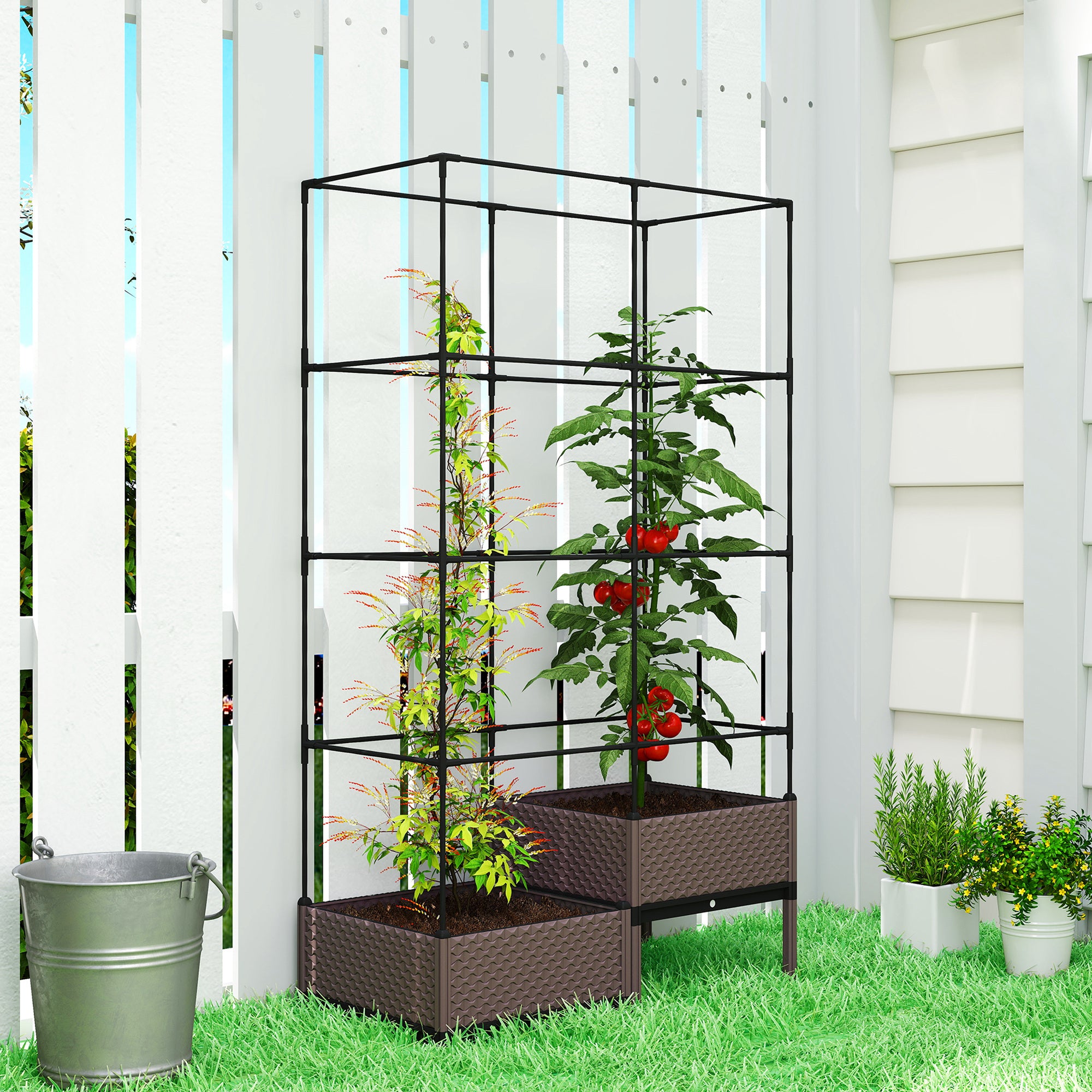 Metal Trellis Planter — Large Outdoor Raised Planter for Climbing Plants, 2 PP Planter Boxes with Drainage & Plugs, Elevated Patio Garden Bed, 39.4 x 19.7 x 68.5 in, Black