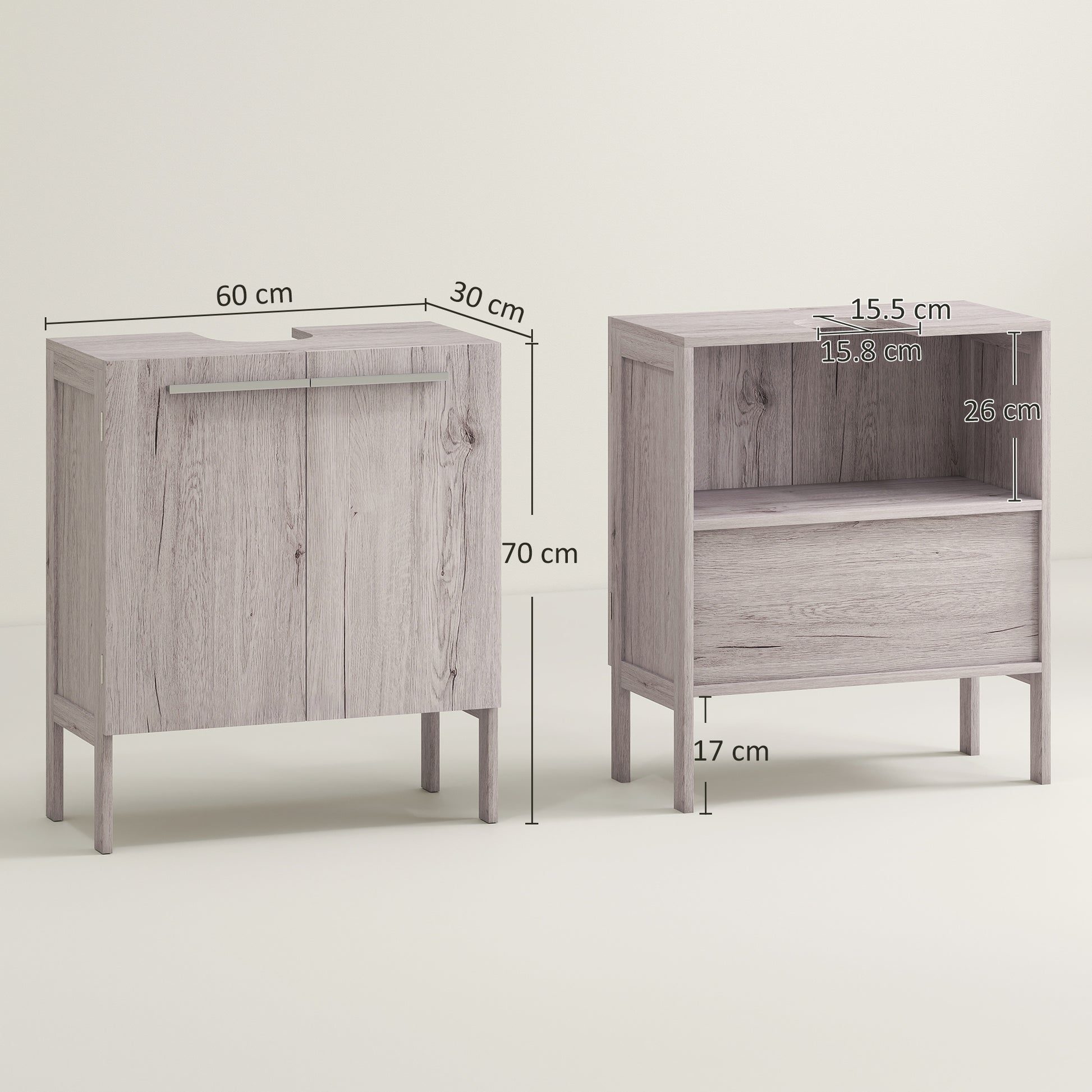 Bathroom Vanity Unit with Sink - Under Sink Cabinet - 2 Doors Cupboard with Shelf - dims. 60L x 30W x 70H cm - Gray Wood Imitation MDF