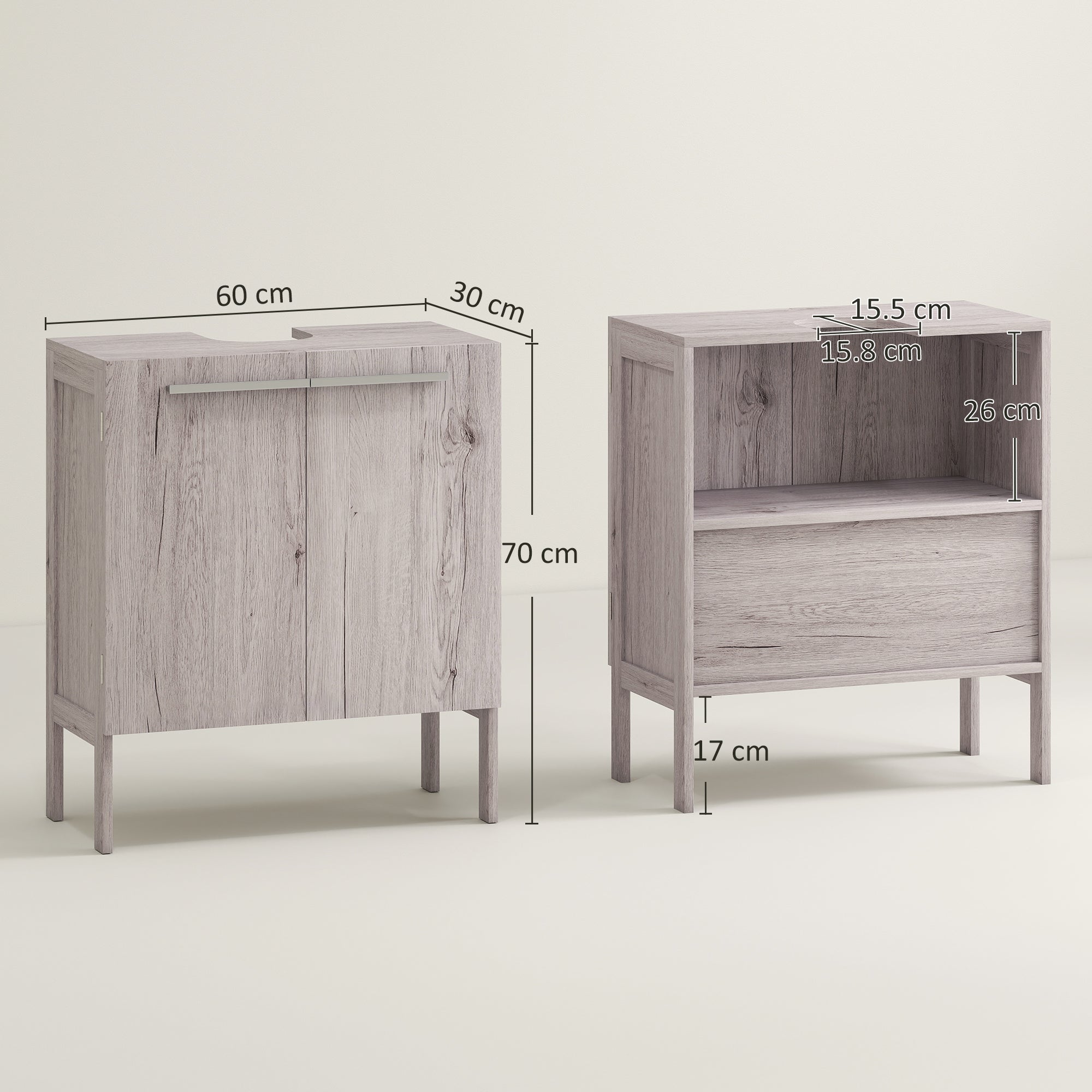 Bathroom Vanity Unit with Sink - Under Sink Cabinet - 2 Doors Cupboard with Shelf - dims. 60L x 30W x 70H cm - Gray Wood Imitation MDF
