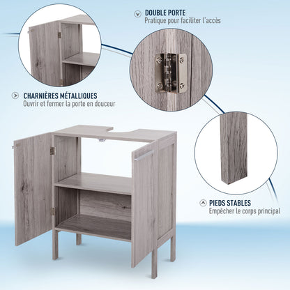 Bathroom Vanity Unit with Sink - Under Sink Cabinet - 2 Doors Cupboard with Shelf - dims. 60L x 30W x 70H cm - Gray Wood Imitation MDF