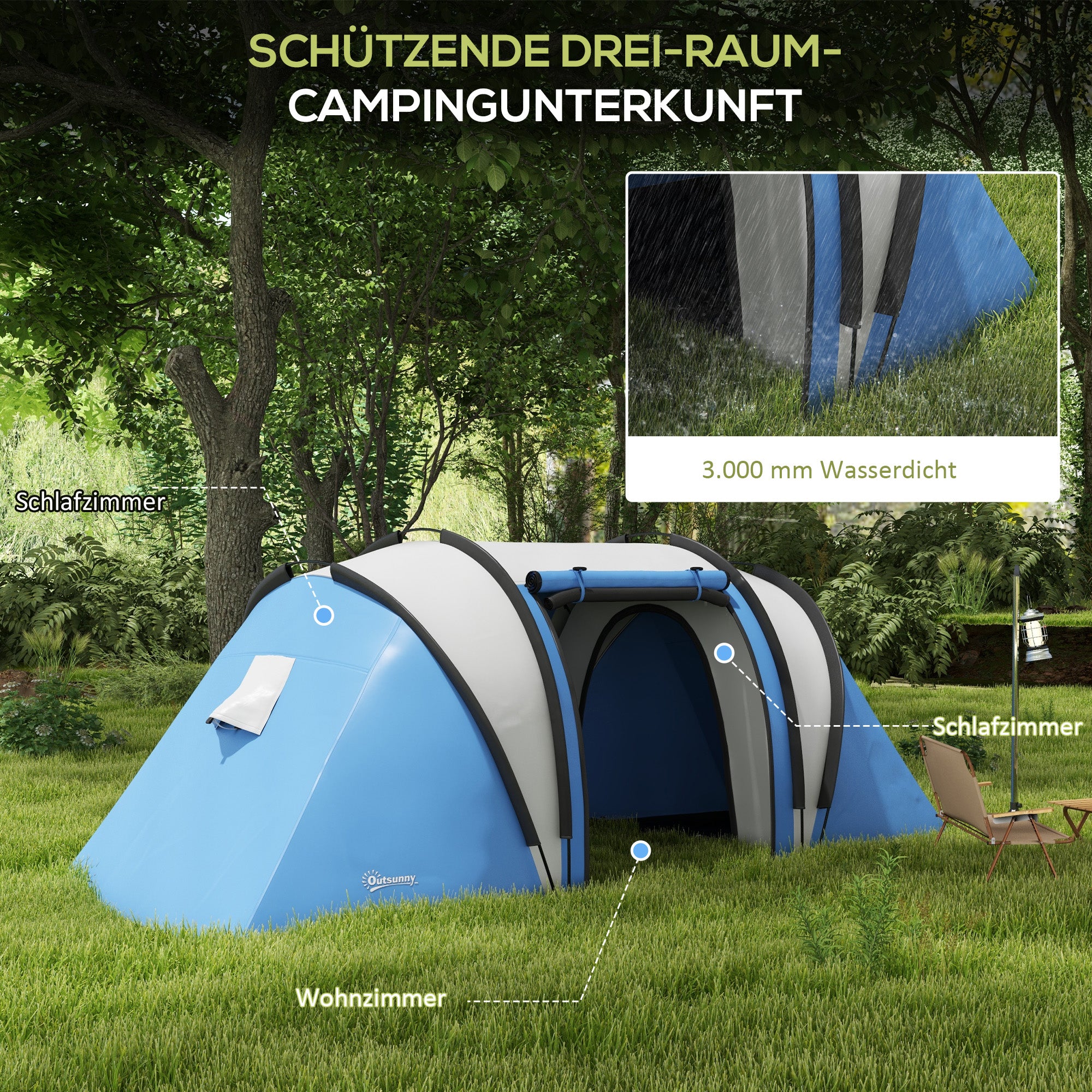 Camping Tent for 4-5 Persons, Lightly Water-Resistant, Family Tent with 2 Rooms, Side Door Window, Tent with 3000mm Water Column, Tunnel Tent Dome Tent for Camping, Travel, Garden