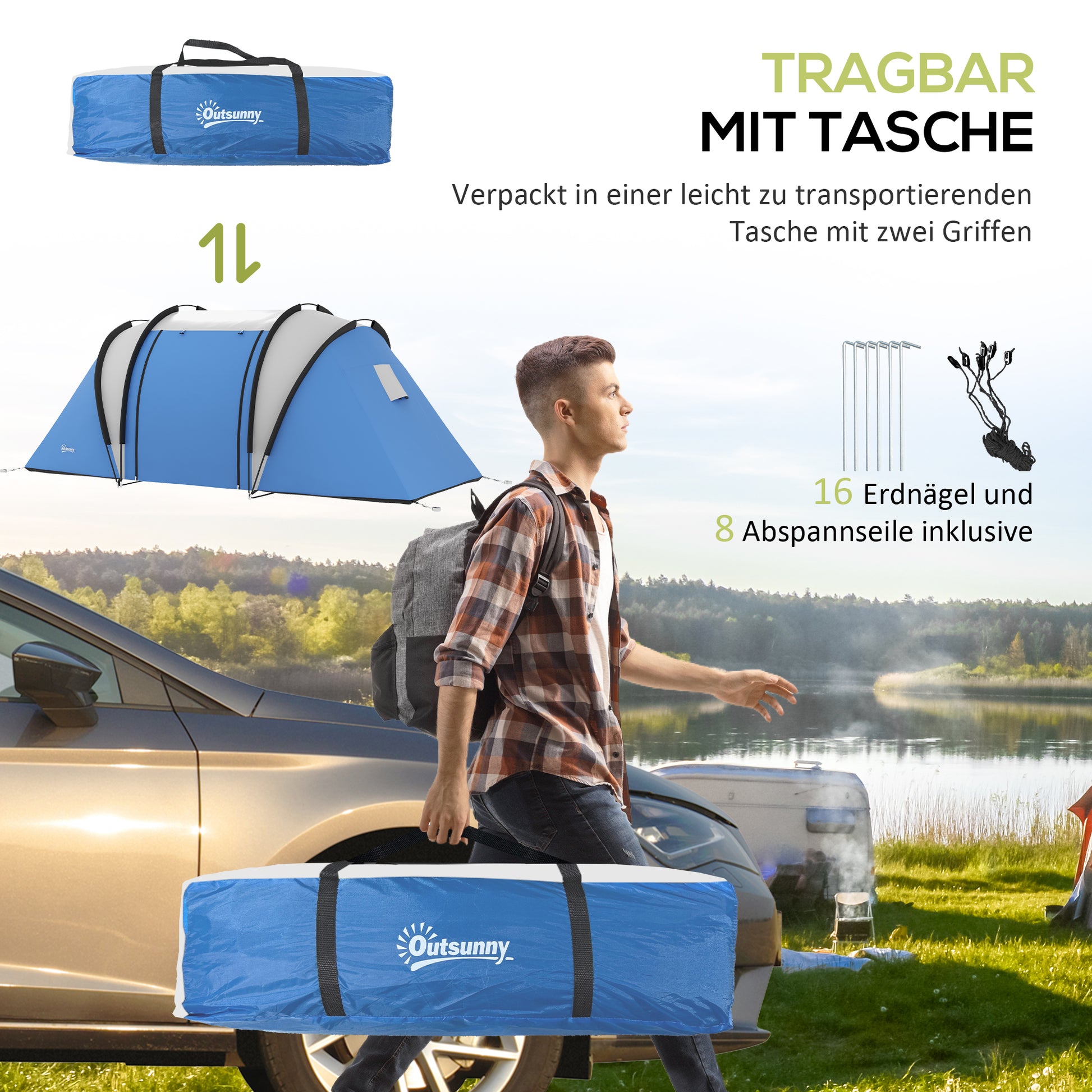 Camping Tent for 4-5 Persons, Lightly Water-Resistant, Family Tent with 2 Rooms, Side Door Window, Tent with 3000mm Water Column, Tunnel Tent Dome Tent for Camping, Travel, Garden