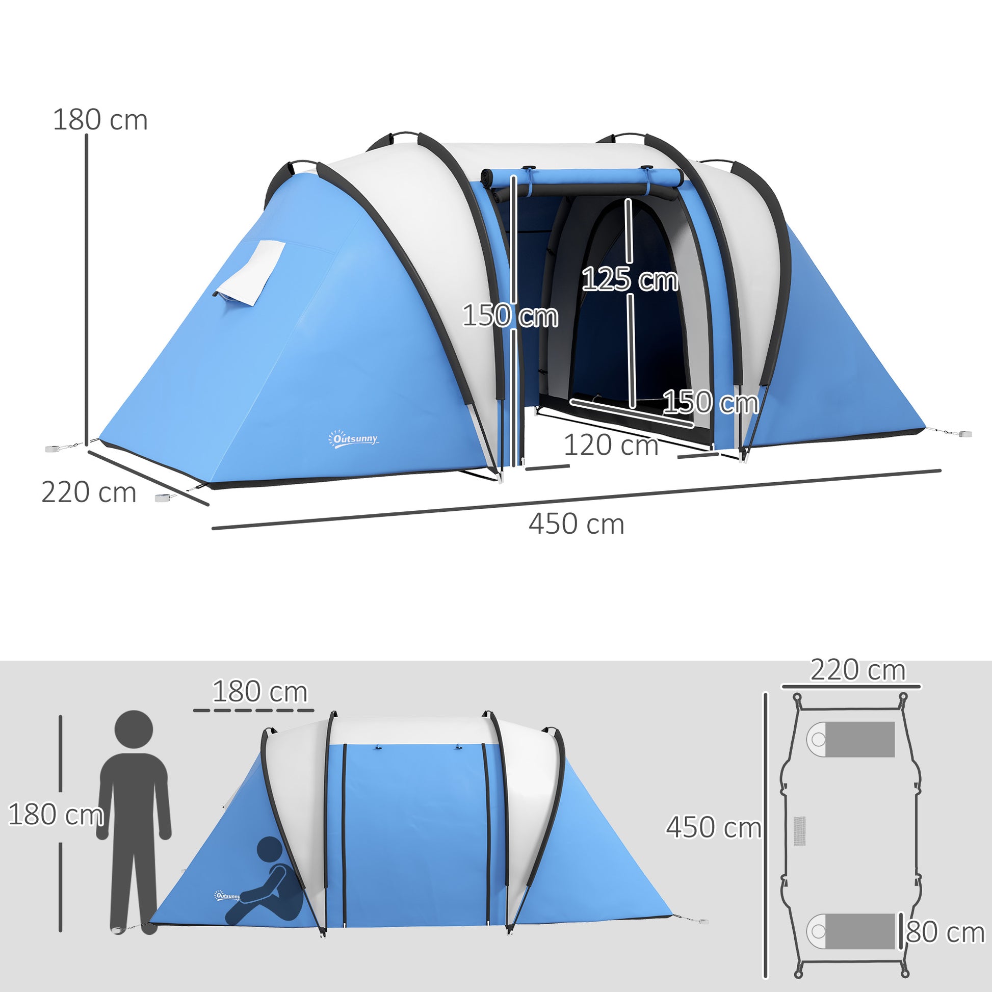 Camping Tent for 4-5 Persons, Lightly Water-Resistant, Family Tent with 2 Rooms, Side Door Window, Tent with 3000mm Water Column, Tunnel Tent Dome Tent for Camping, Travel, Garden