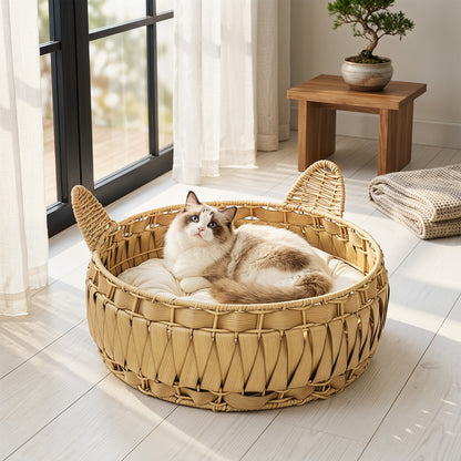 Rattan Cat Bed with Removable Cushion — Cat Cave for Cats up to 22 lb, 19.7" x 19.7" x 9.8", Light Brown