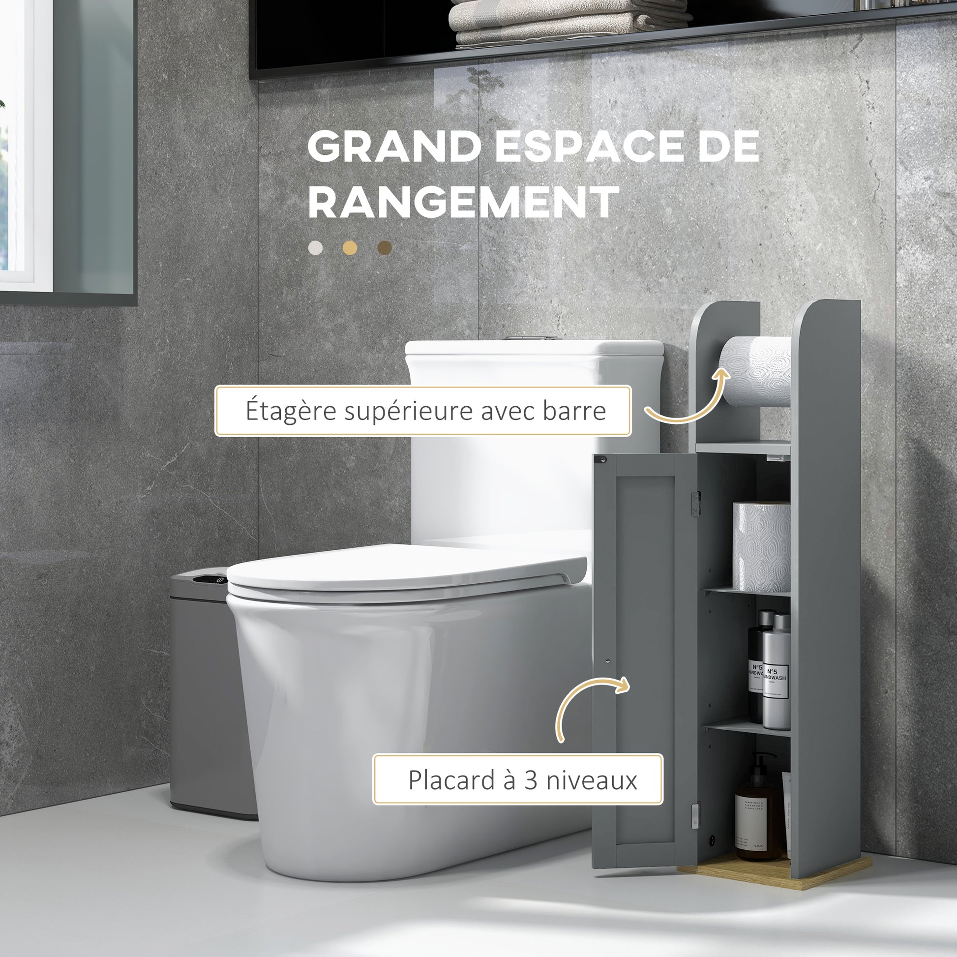Bathroom Cabinet Toilet Paper Holder with Cupboard and Adjustable Shelves 20 x 20 x 80 cm Gray