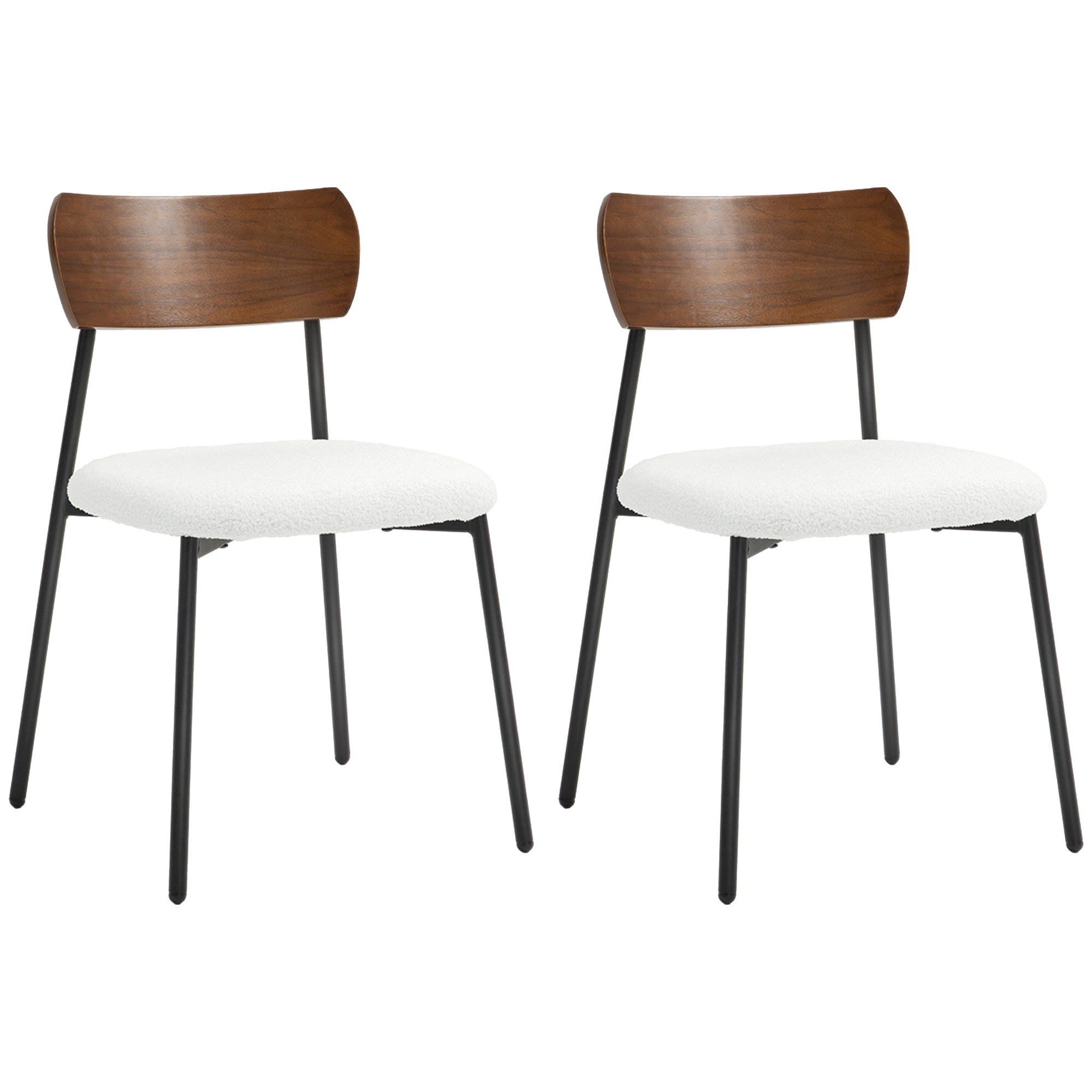 Set of 2 dining chairs vintage kitchen chair upholstered with shaggy seat, curved wood backrest for living room, dining room, bedroom, cream and brown