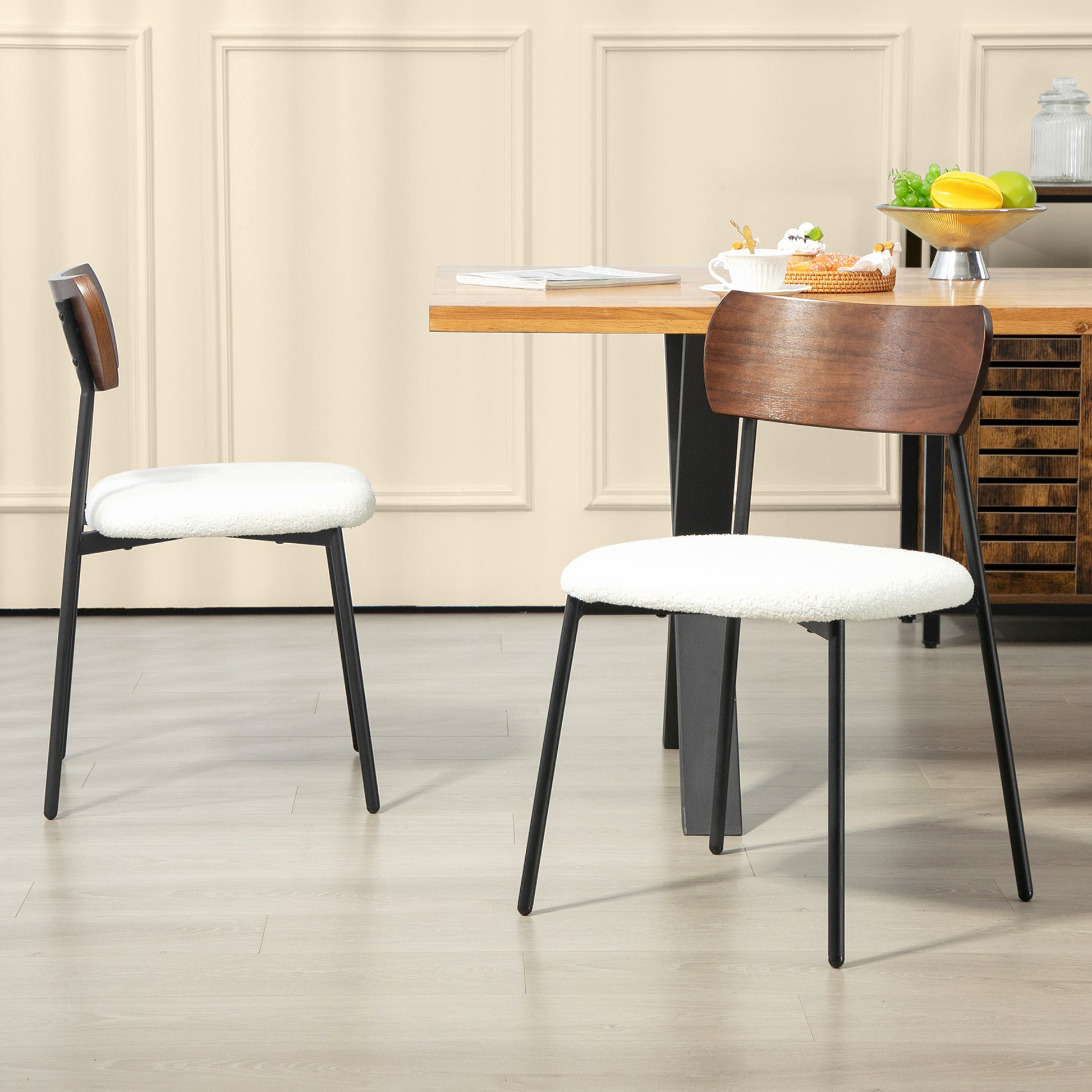 Set of 2 dining chairs vintage kitchen chair upholstered with shaggy seat, curved wood backrest for living room, dining room, bedroom, cream and brown