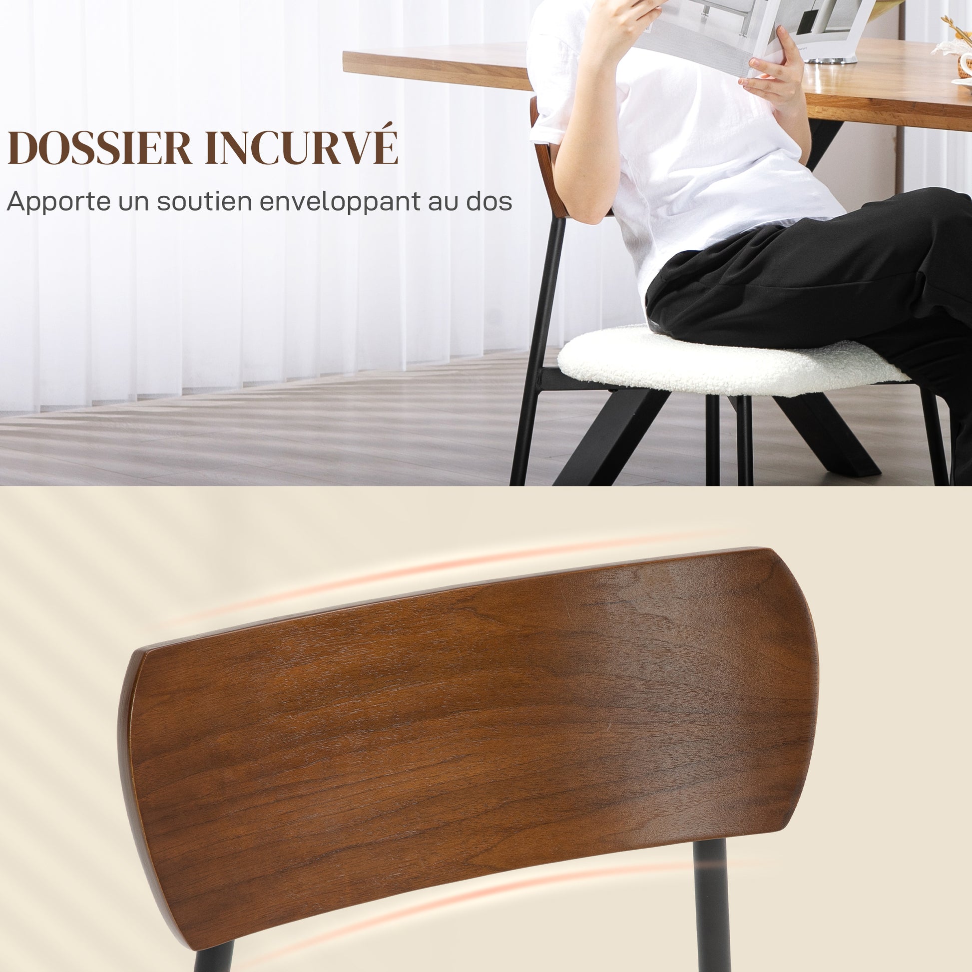Set of 2 dining chairs vintage kitchen chair upholstered with shaggy seat, curved wood backrest for living room, dining room, bedroom, cream and brown