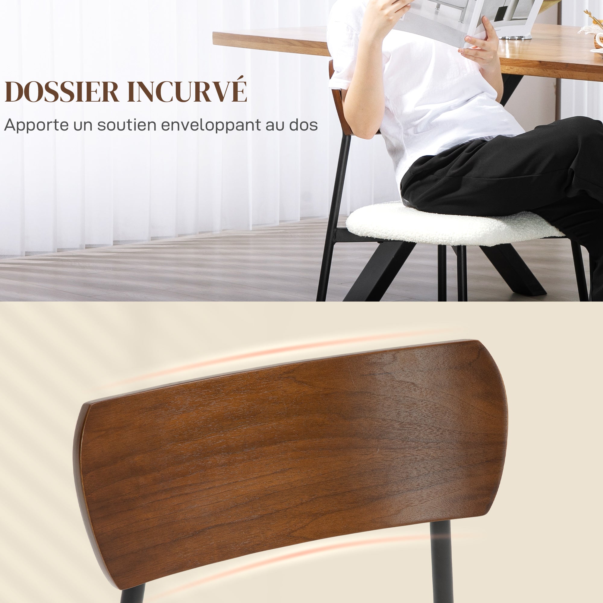 Set of 2 dining chairs vintage kitchen chair upholstered with shaggy seat, curved wood backrest for living room, dining room, bedroom, cream and brown