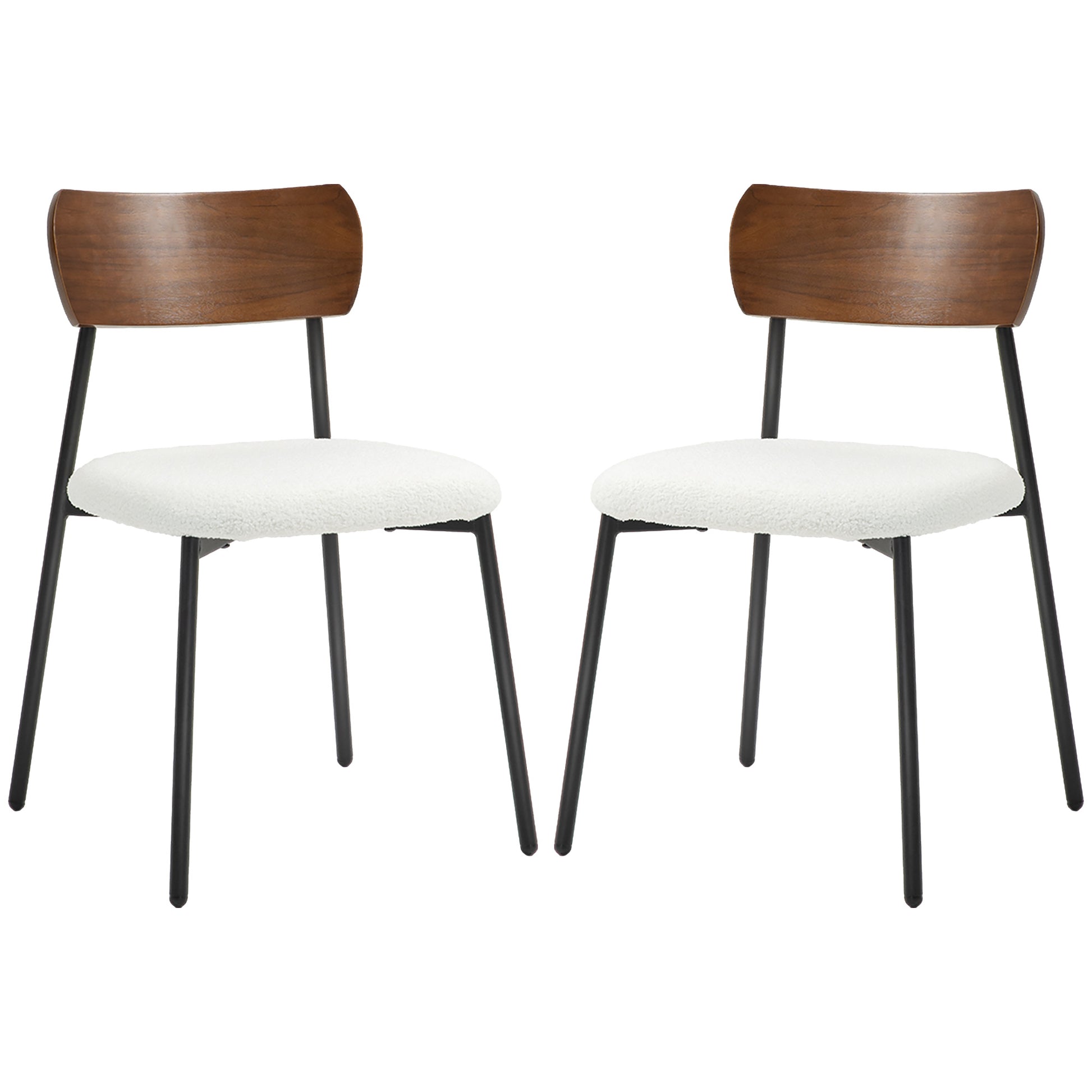 Set of 2 dining chairs vintage kitchen chair upholstered with shaggy seat, curved wood backrest for living room, dining room, bedroom, cream and brown