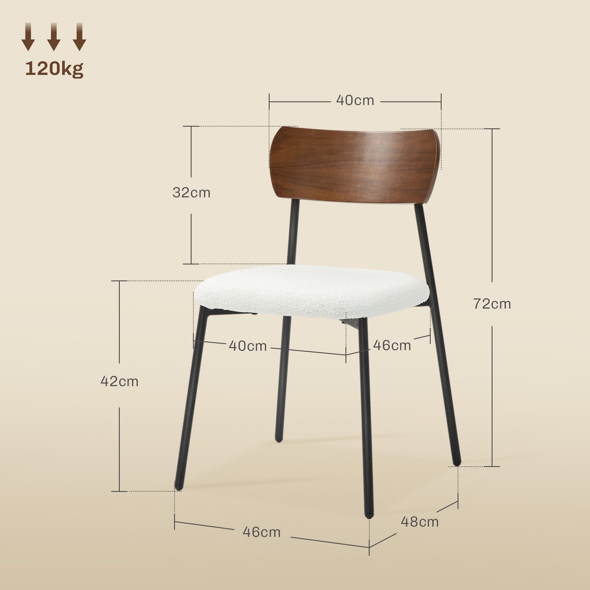 Set of 2 dining chairs vintage kitchen chair upholstered with shaggy seat, curved wood backrest for living room, dining room, bedroom, cream and brown