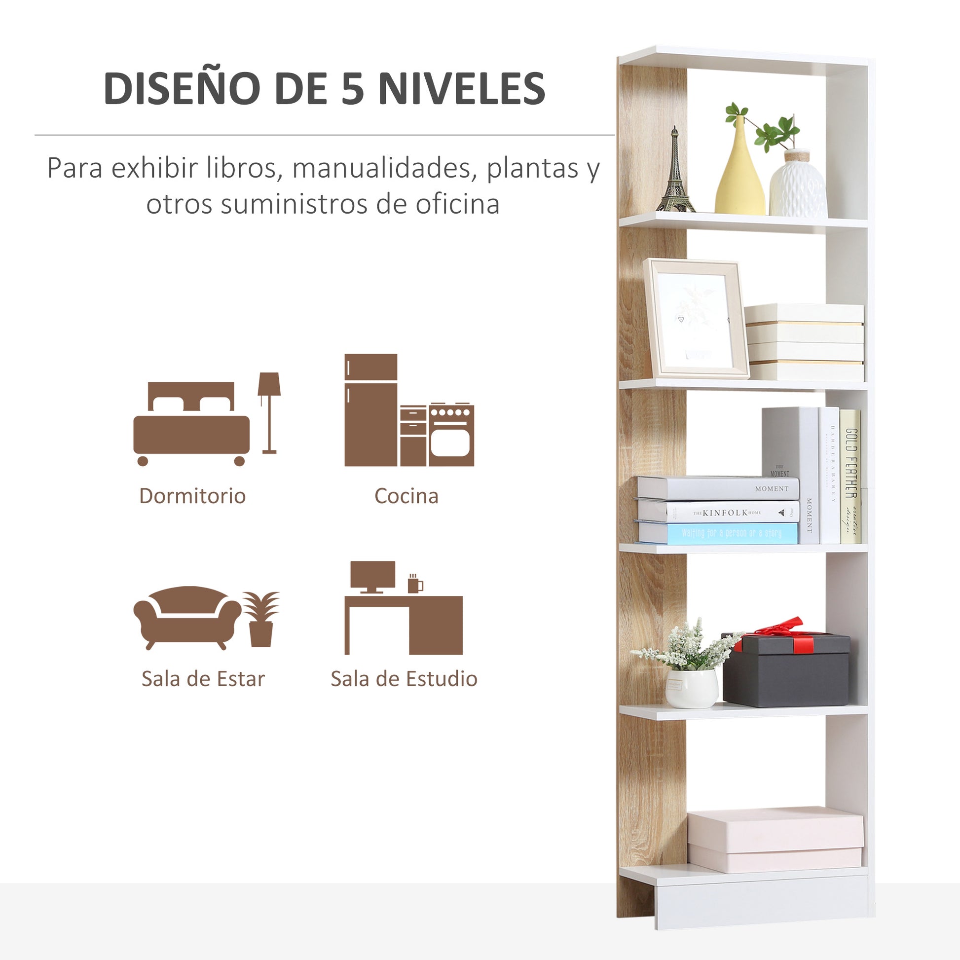 Storage Bookcase with 5 Shelves Multi-Purpose Bookshelf for Study Office with Raised Base Elegant Design 45x21x170 cm White and Oak