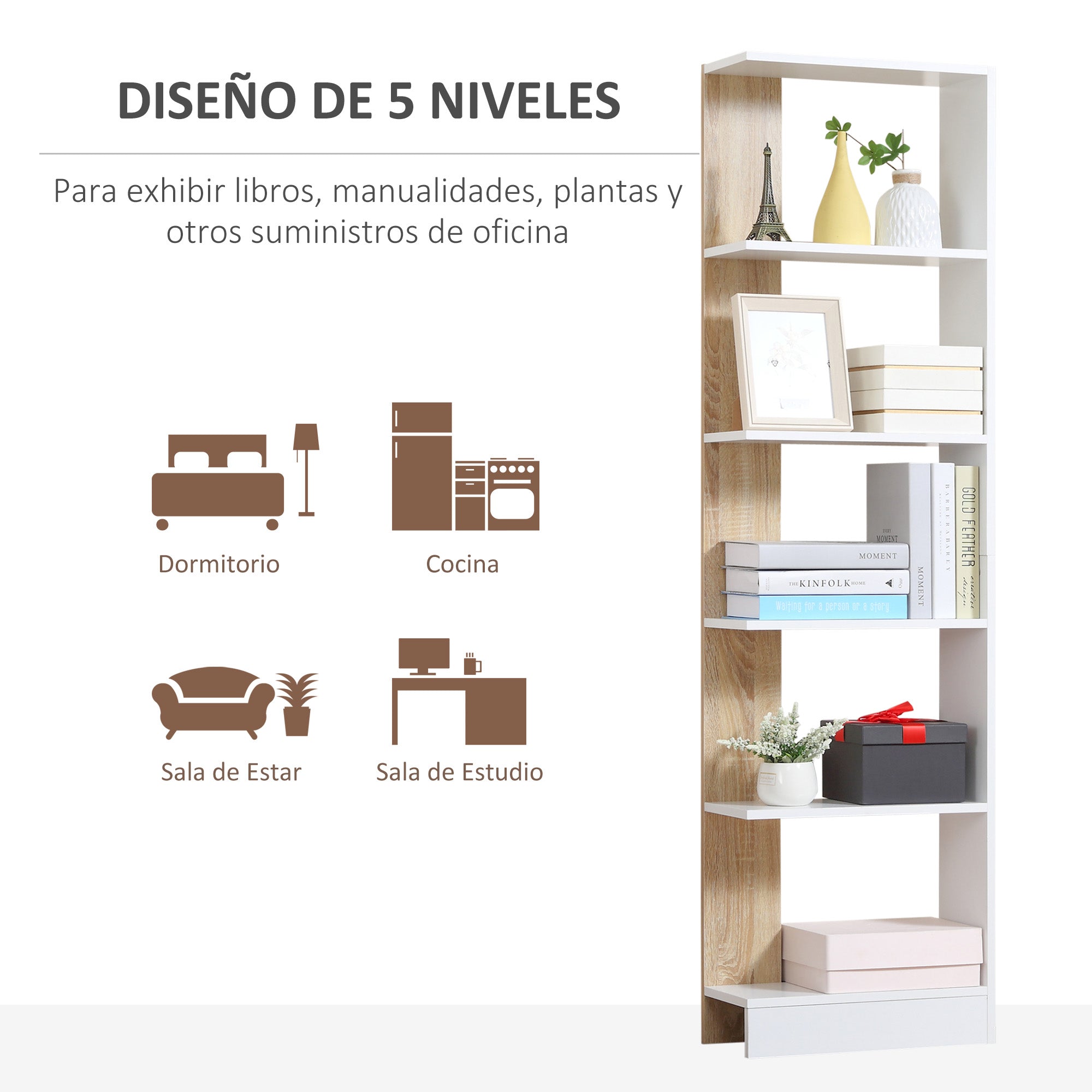 Storage Bookcase with 5 Shelves Multi-Purpose Bookshelf for Study Office with Raised Base Elegant Design 45x21x170 cm White and Oak