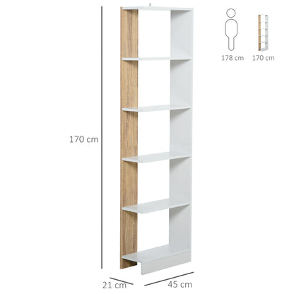 Storage Bookcase with 5 Shelves Multi-Purpose Bookshelf for Study Office with Raised Base Elegant Design 45x21x170 cm White and Oak