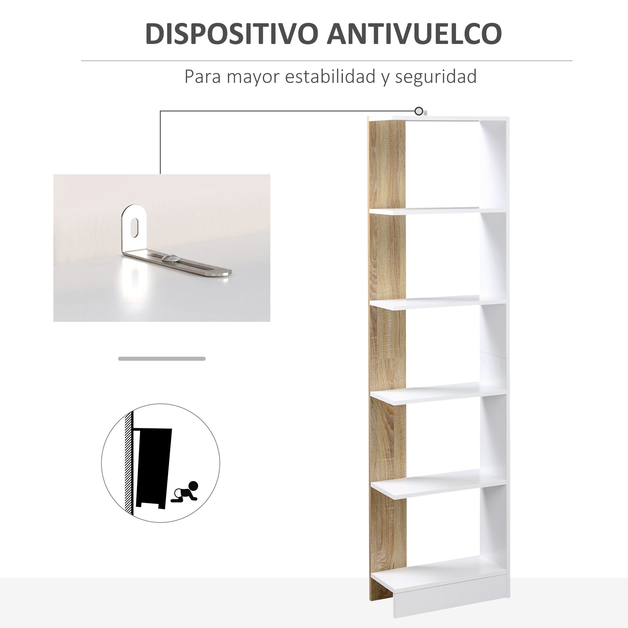 Storage Bookcase with 5 Shelves Multi-Purpose Bookshelf for Study Office with Raised Base Elegant Design 45x21x170 cm White and Oak