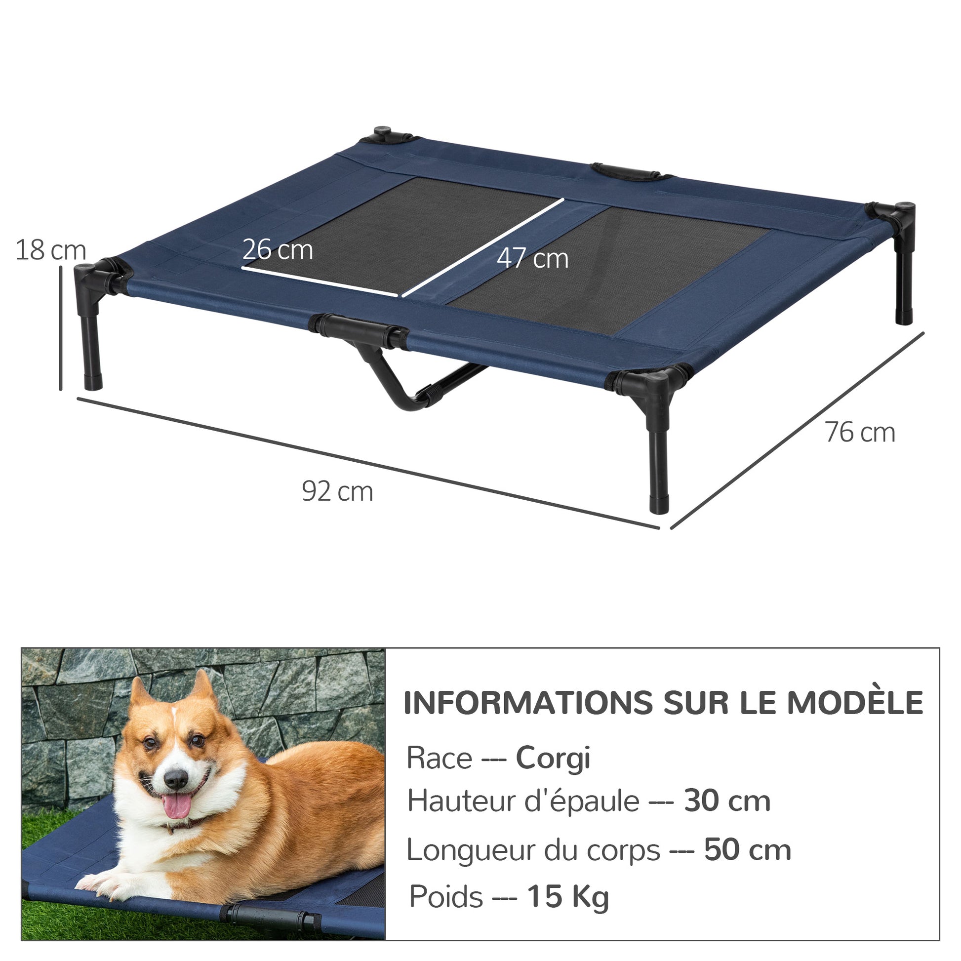 Raised Bed for Dog Cat Camping Bed Elevated Bed Comfortable Fabric Oxford Textilene Micro-Perforated Metal 92L x 76W x 18H cm Blue