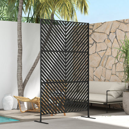 Garden Privacy Screen with Stand, 122 x 198 cm Room Divider with Triangular Pattern, Partition Wall for Balcony, Terrace, Steel, Black