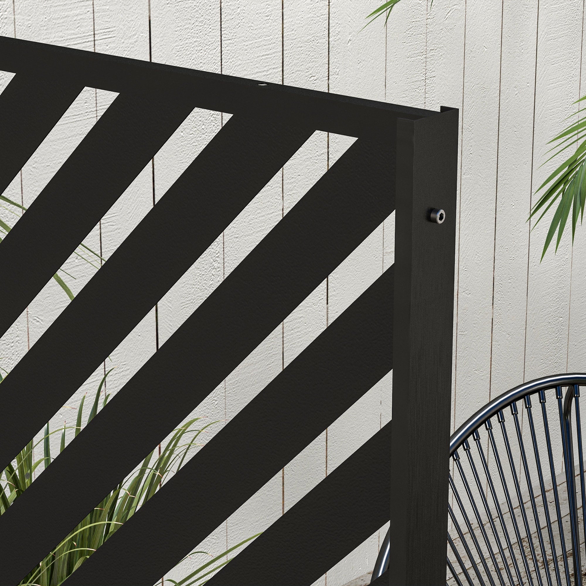 Garden Privacy Screen with Stand, 122 x 198 cm Room Divider with Triangular Pattern, Partition Wall for Balcony, Terrace, Steel, Black