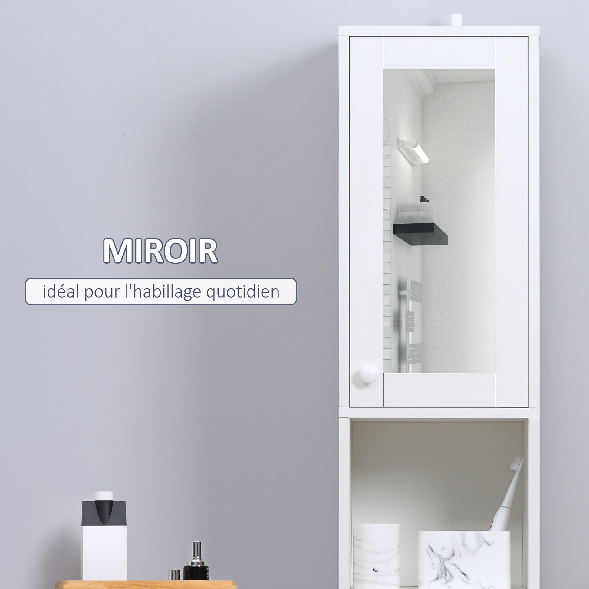 Bathroom Tall Column Cabinet Storage Cupboard with Adjustable Shelf - 30 x 28 x 170 cm - White
