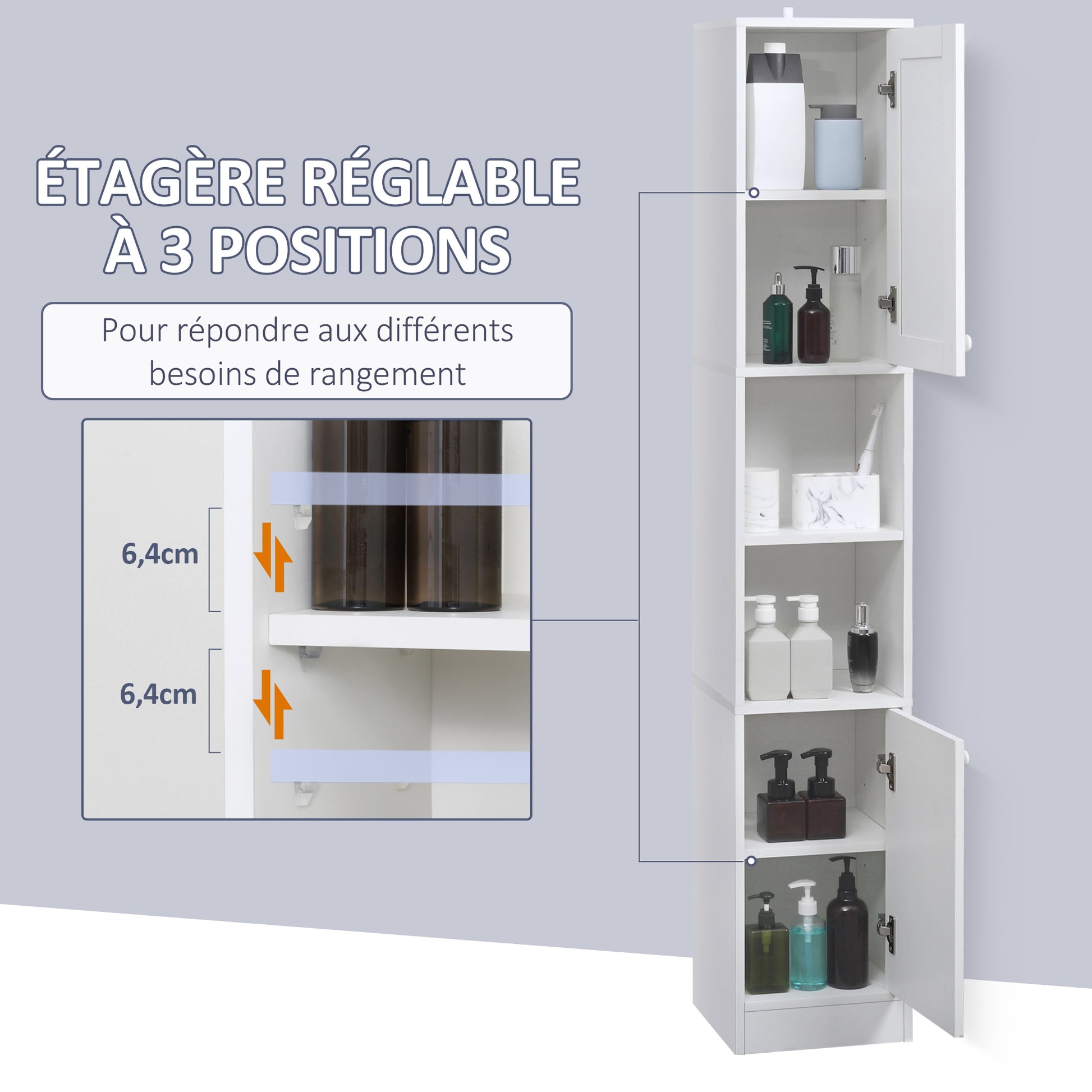Bathroom Tall Column Cabinet Storage Cupboard with Adjustable Shelf - 30 x 28 x 170 cm - White