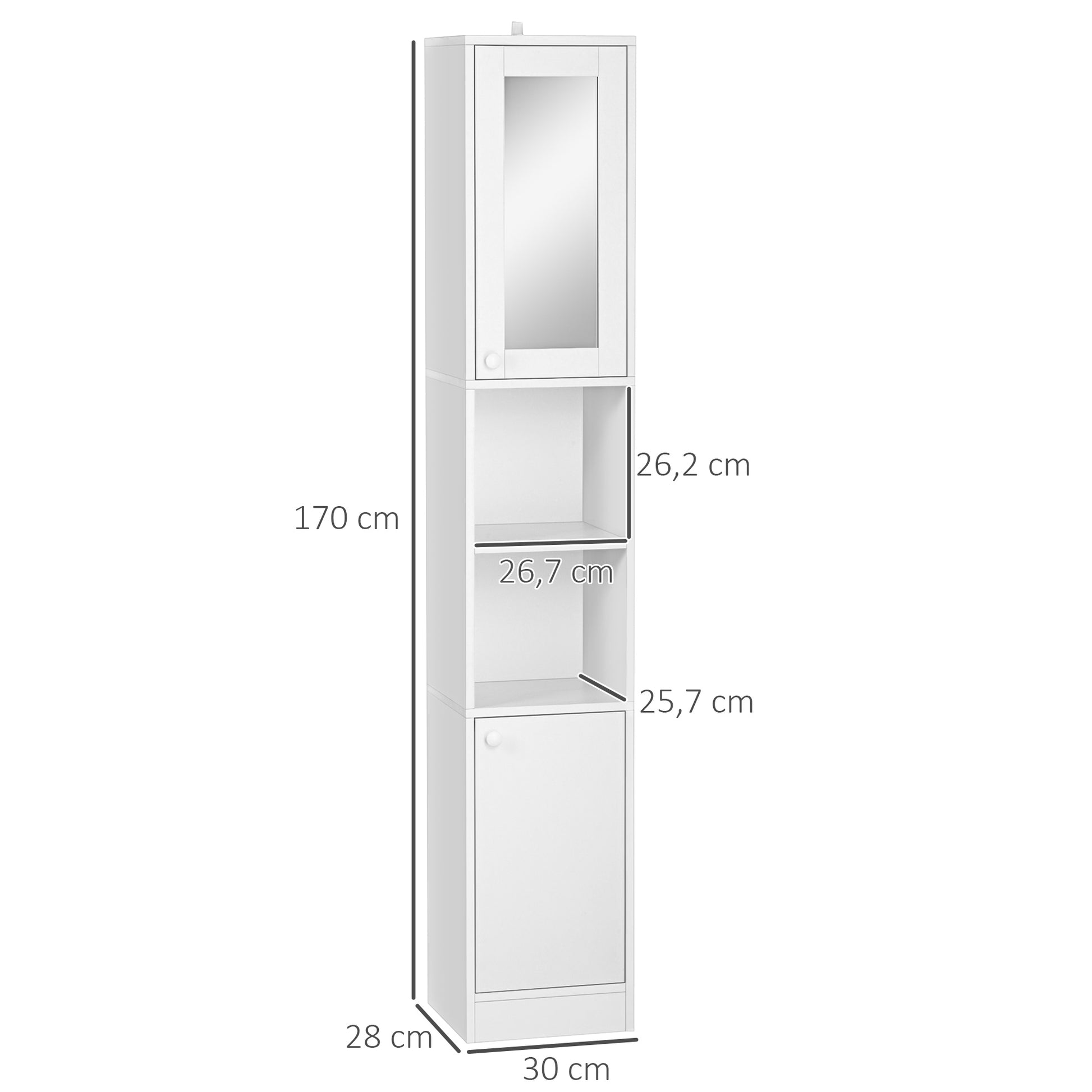 Bathroom Tall Column Cabinet Storage Cupboard with Adjustable Shelf - 30 x 28 x 170 cm - White
