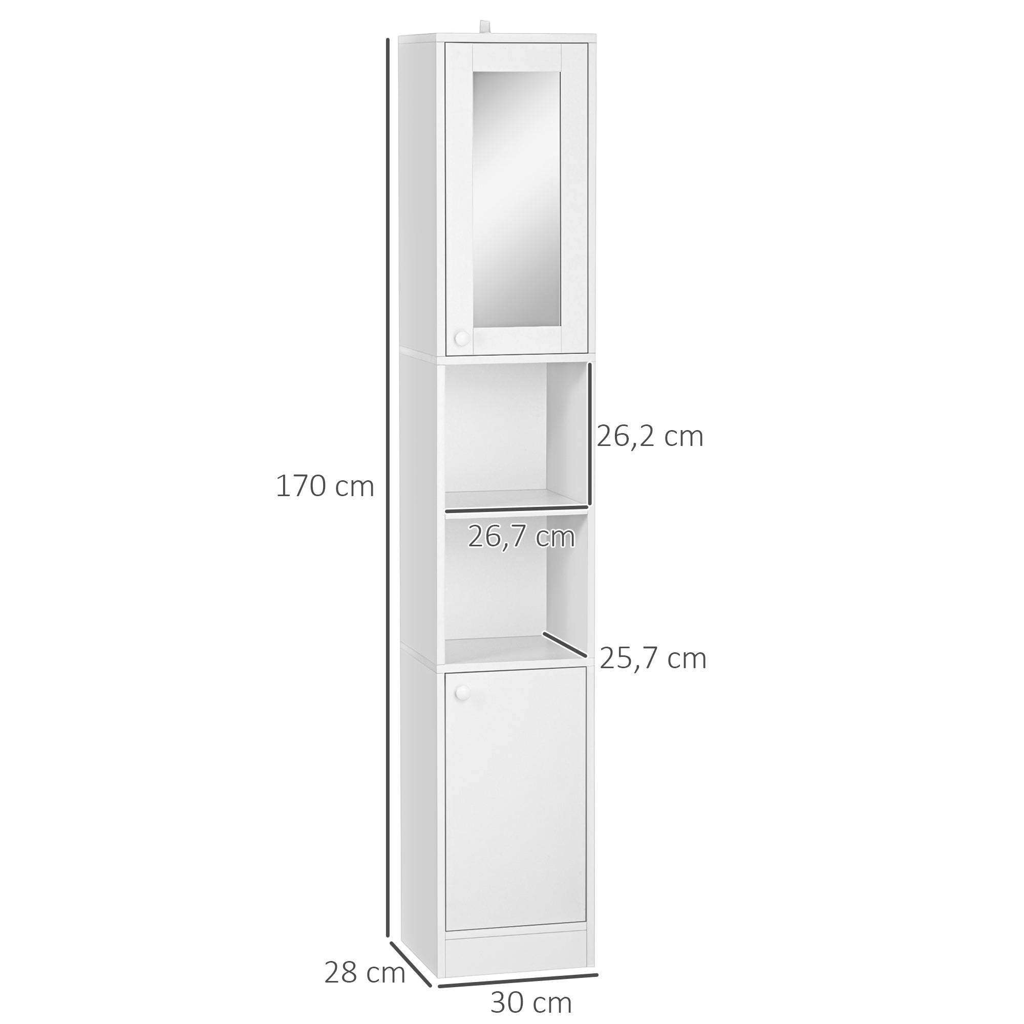 Bathroom Tall Column Cabinet Storage Cupboard with Adjustable Shelf - 30 x 28 x 170 cm - White