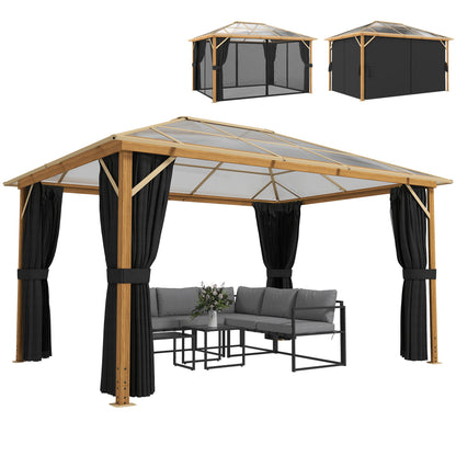 4 x 3 m Aluminum Gazebo with 6 mm Polycarbonate Hardtop, Wood-Grain Finish, Mosquito Net & 4 Side Curtains — Winter-Resistant Pergola with Ceiling Hooks (Natural Wood)