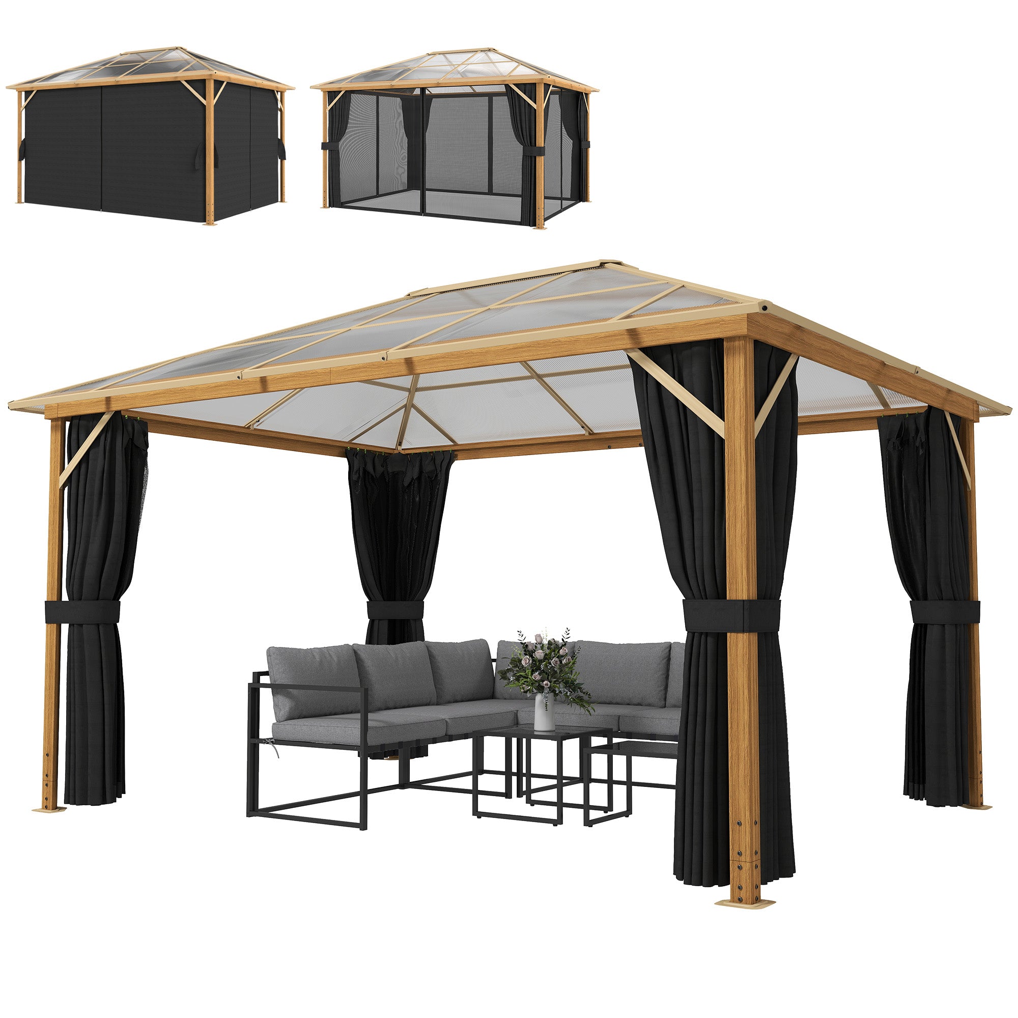 4 x 3 m Aluminum Gazebo with 6 mm Polycarbonate Hardtop, Wood-Grain Finish, Mosquito Net & 4 Side Curtains — Winter-Resistant Pergola with Ceiling Hooks (Natural Wood)