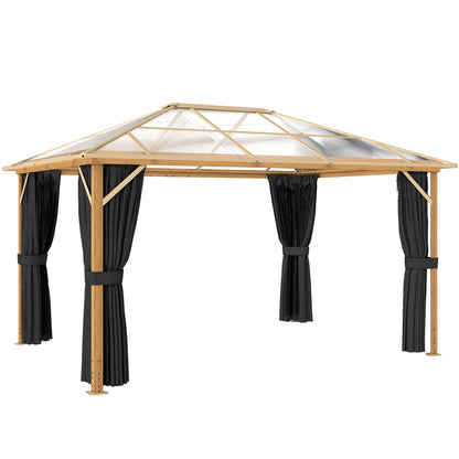 4 x 3 m Aluminum Gazebo with 6 mm Polycarbonate Hardtop, Wood-Grain Finish, Mosquito Net & 4 Side Curtains — Winter-Resistant Pergola with Ceiling Hooks (Natural Wood)