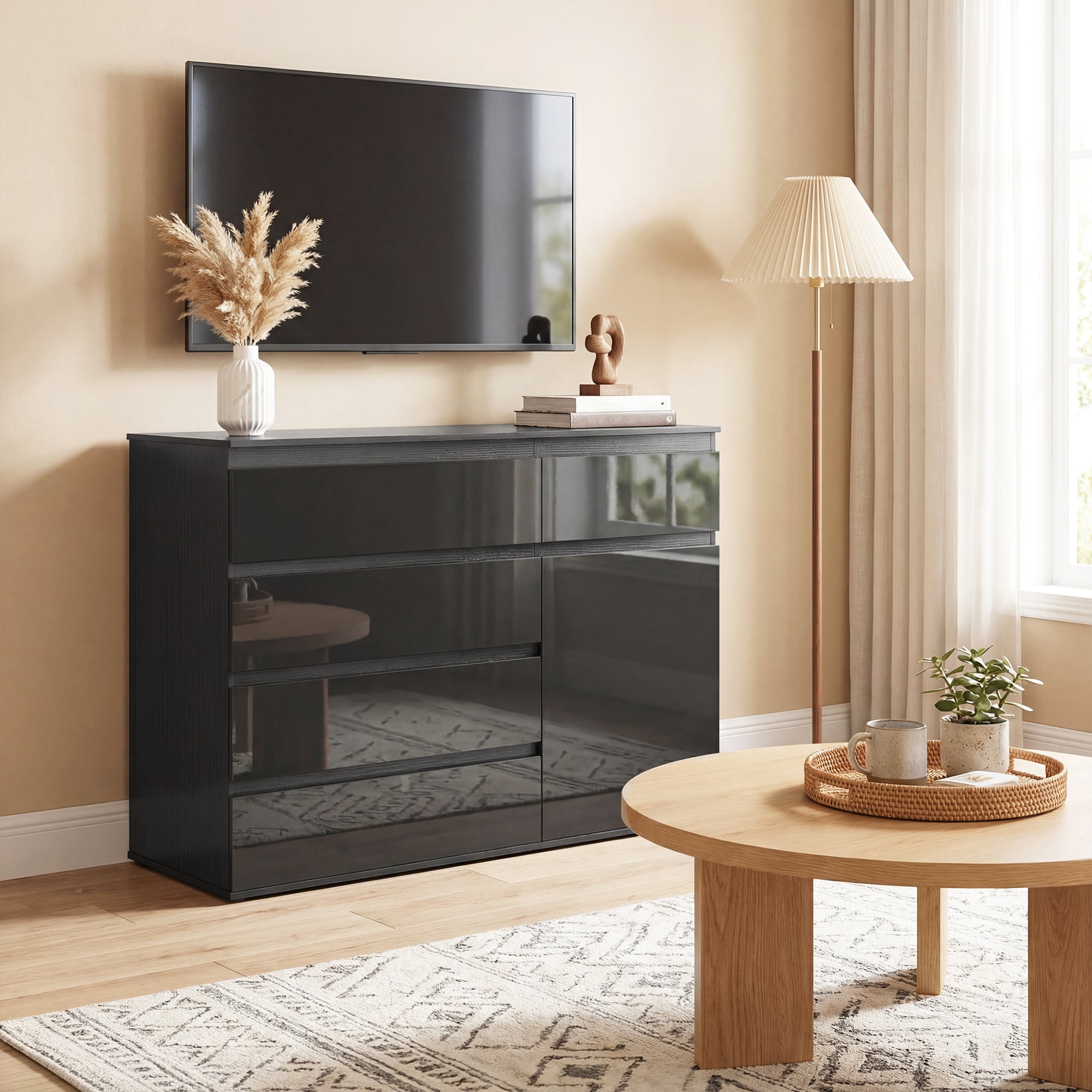 Sideboard — 5-Drawer Dresser with Adjustable Shelf & Soft-Close Door, Kitchen Cabinet for Living Room/Kitchen/Dining, High-Gloss Black, 39.4 x 15.7 x 31.5 in (100 x 40 x 80 cm)